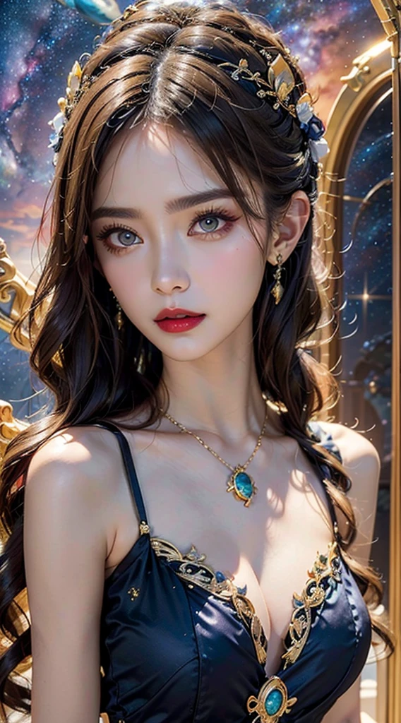 1 27-year-old girl, 1 zodiac goddess from the future, 12 zodiac goddess pink purple, 12 zodiac goddess face sexy thin yellow nightgown, long thin nightgown 12 zodiac many limbs sexy black lace detail, mythical goddess of the 12 zodiacs from the future, zodiac ♏, luxurious glittering zodiac style, dark and mysterious version, zodiac crown, lipstick red lips, thin and pretty lips, don't smile, keep your mouth shut, characters created by karol bak and pino daeni, intricate detail, detailed background, extremely detailed, light magic, a woman, clear face, looking at the upper body of the goddess of the zodiac, round breasts, big and round breasts, phoenix hair brooch, long hair with bangs, (Long hair has 7 colors like rainbow:1.9), beautiful detailed face and well-proportioned eyes, ( yellow eyes: 1.8), big round eyes and very beautiful and detailed makeup, visionary, long silk nightgown, mysterious makeup, Bracelets, side bangs and dye pale yellow, upper body, (zodiac goddess upper body: 1.8), drooping arms, Realistic and vivid photo, (stars that make up the zodiac: 1.7), ( sky zodiac and fictitious space and time portal: 1.8), fiction art, RAW photo, hanfu photo, best photo , high_res, best quality, best photo, 8k quality, 8k ultra , surrealism, the most economical real photo, artistic portrait of 12 zodiac signs, 1 symbol of 12 zodiac signs behind, single portrait of 12 zodiac goddess, The most realistic color scheme, best photo color, masterpiece, hair ornament, necklace, jewelry, Beautiful face, upper body, tyndall effect, photo realistic, dark studio, border light, two tone light, (detailed skin) high: 1.2), 8k uhd, dslr, soft light, high quality, volumetric light, candid, Photo, high resolution, 4k quality, 8k, Bokeh, Smooth and sharp, pixel up 10 times, Charming zodiac goddess, sexy zodiac goddess, (background space: 1.8), (galaxy: 1.7), aurora, lightning, (Aurora Background: 1.8) <lora:locon_perfecteyes_v1_from_v1_, beautiful goddess and flowers,