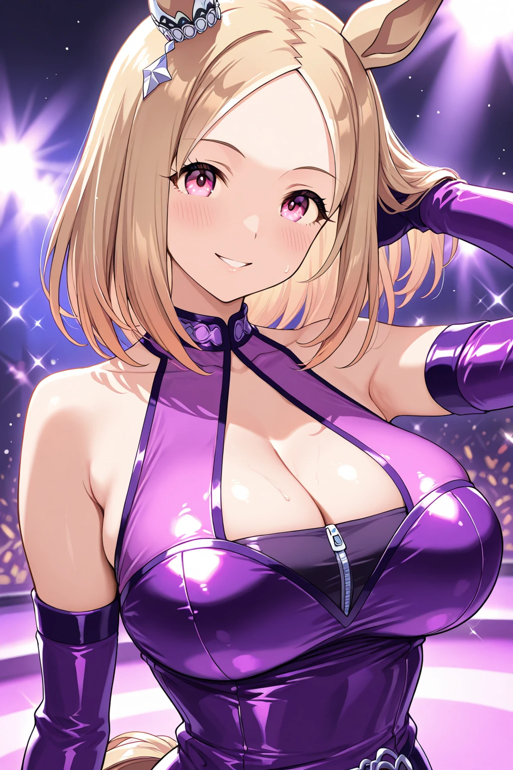 ,Masterpiece、Cowboy Shot、One hand on hip、phsaber,Artoria、((Big Breasts))、(smile)、((Completely ))、((vivid purple sexy high leg ))、Calm expression、(((Close your mouth)))、((Inside the casino))、Shiny Skin、(Smile)、Vivid Green Eyes、Big eyes、Detailed eyes、Toned thighs、Around 30 years old、Above the knee socks、Glamorous Girl、Sexy pose、Five fingers、