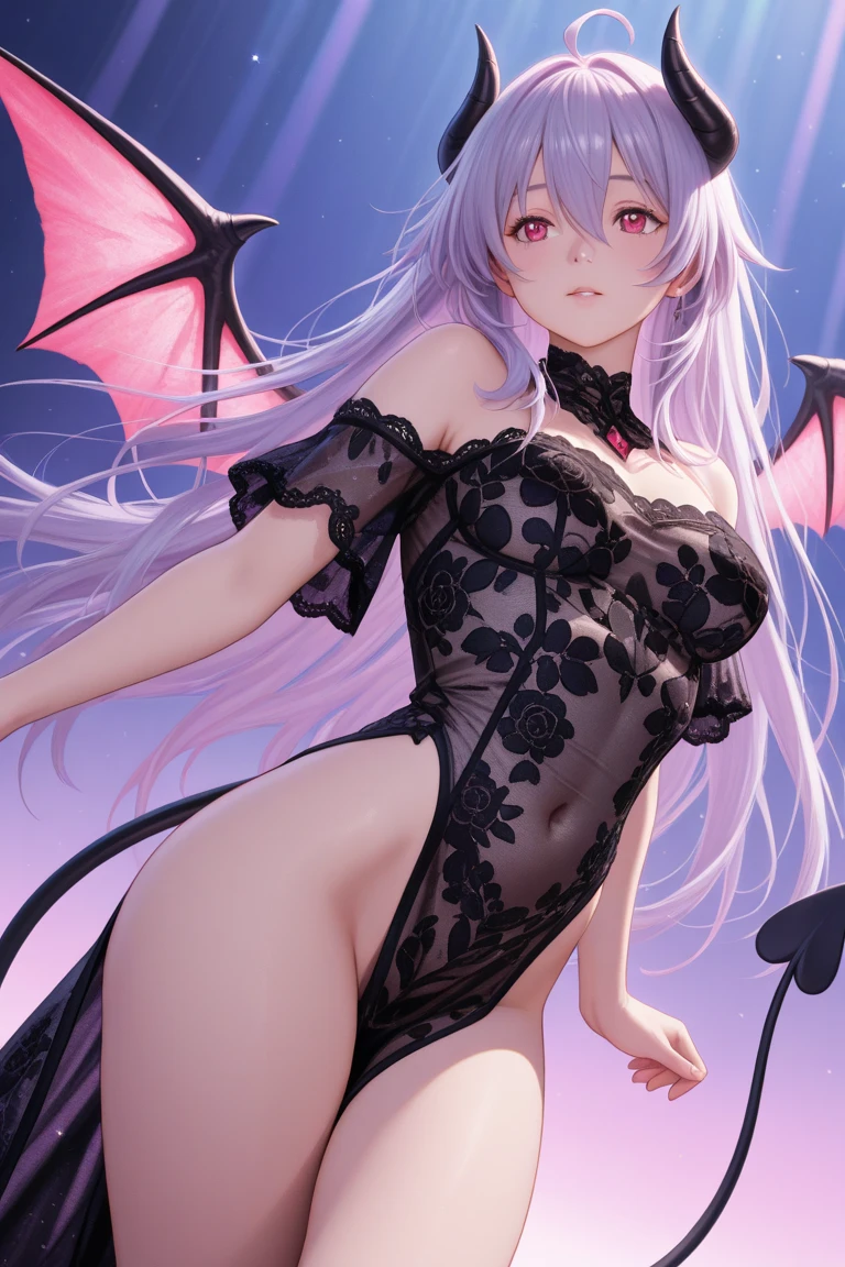 (anime, masterpiece, intricate:1.1), summer aestetic background, comics_darkstalkers_morrigan_aensland, Slender hips, slim stomach, thin waist, sexy posing, medium teardrop-shaped breasts, slim body, violet hair, violet eyes,  black dress, black garter stockings, short , , breasts decollete, neck decoration, heart shaped earrings, no , , girly decorations, solo, flowers, modest smile, bright red lipstick, painted nails (red)
