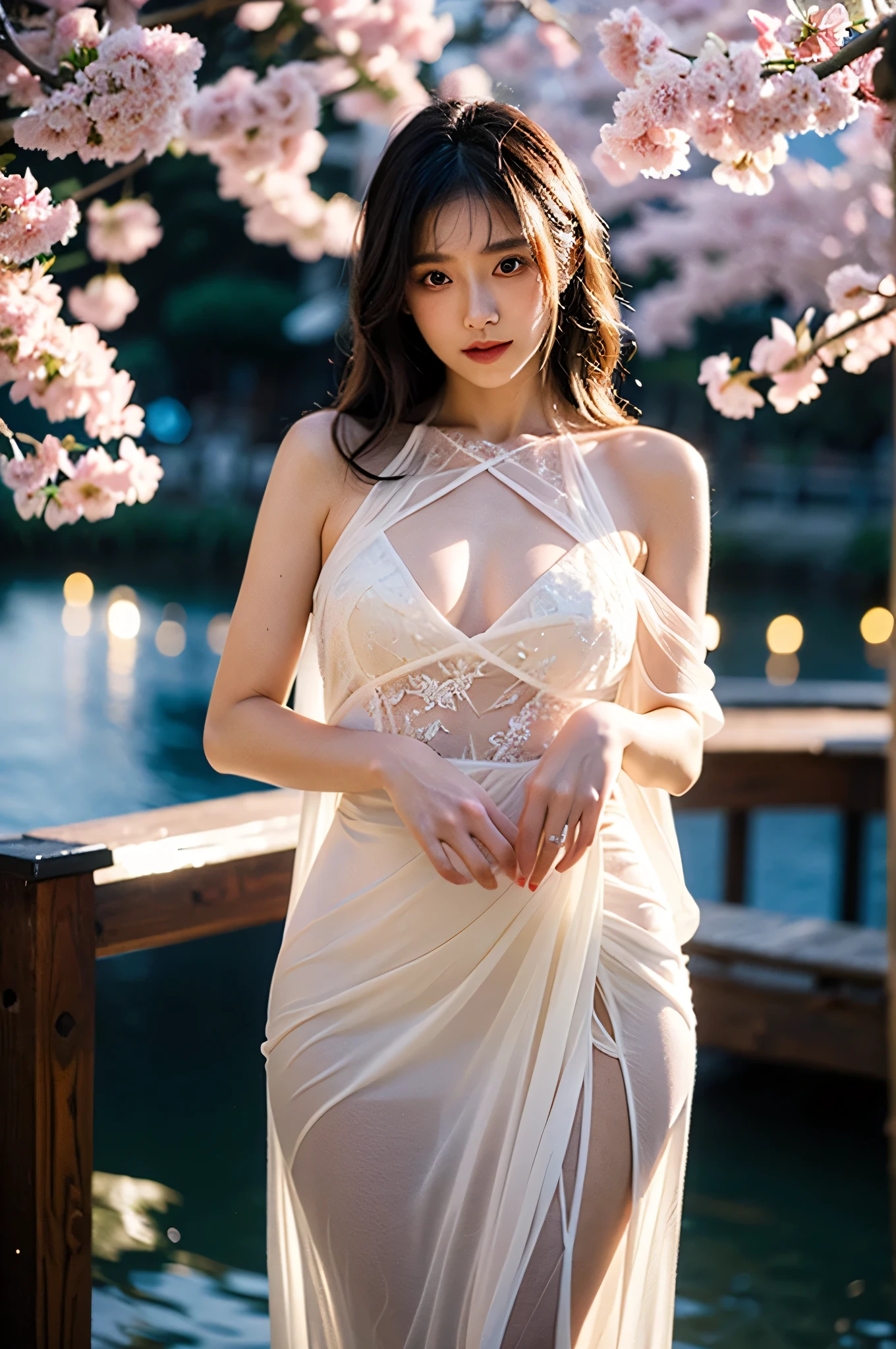 The whole body of the person、from head to toe、wearing sandals、standing pose、look at the camera、smile、２０Japan Female、highest quality、4ｋimage quality、High resolution、slightly bigger breasts、Lace slip、Beautiful legs extending from a slip、Path in the woods、wallpaper、realistic、bright lighting、professional lighting、face light、smooth lighting、beautiful japanese woman、gravure、super beautiful、beautiful skin、beautiful and detailed eyes、kind face、medium long hair、hair fluttering in the wind、brunette colored hair、80mm lens aperture F2.Shot at 8