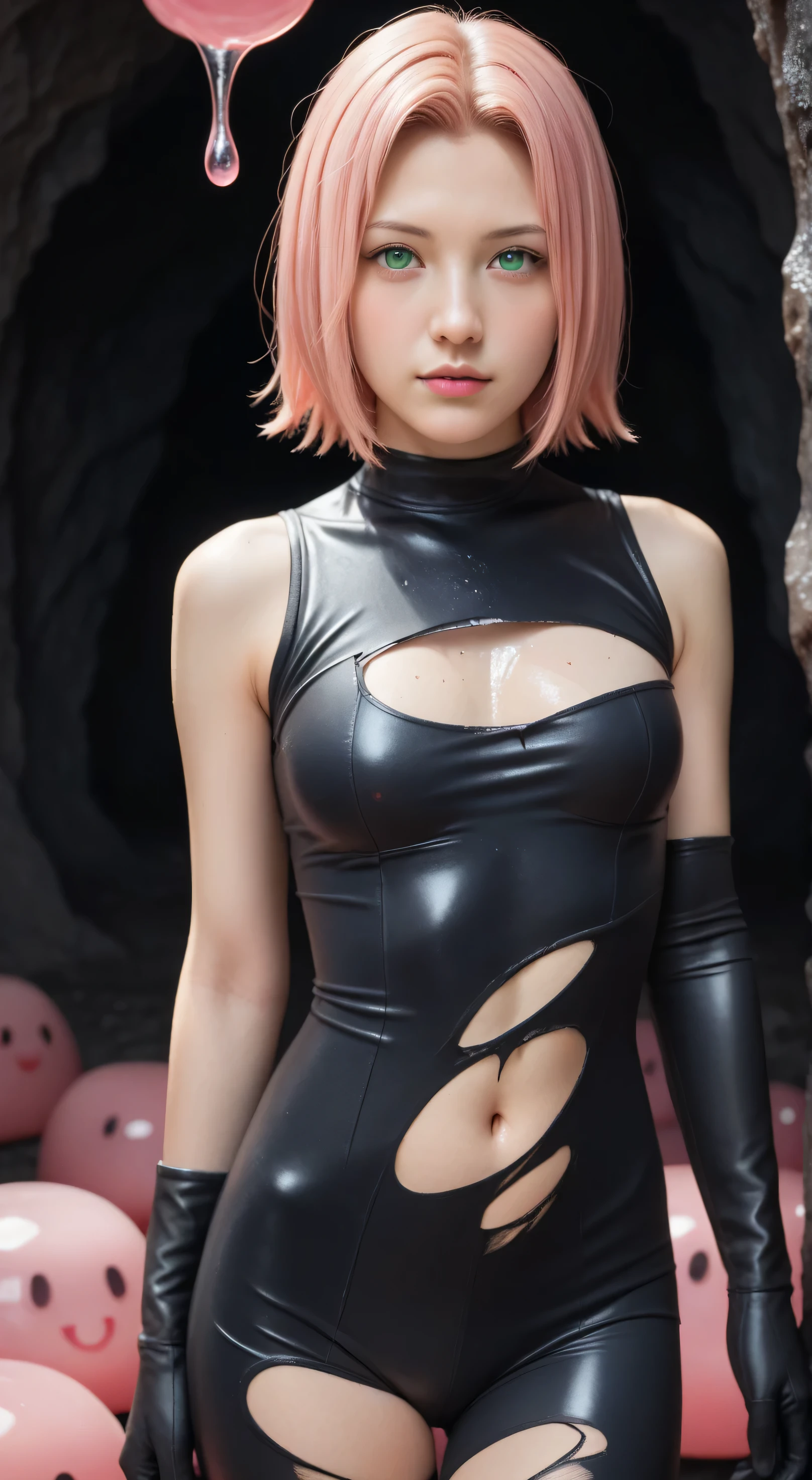 Masterpiece, best quality, 8k, ultra high resolution, photorealistic, cinematic composition,1girl, solo,haruno sakura,emerald eyes,pink hair,short hair,potrait,small breast,dark cave,looking at viewer, front view,close up,black glove,(dark cave background:1.5),(torn bodysuit:1.5),sleeveless,close up,(slime melting on body:1.5),navel