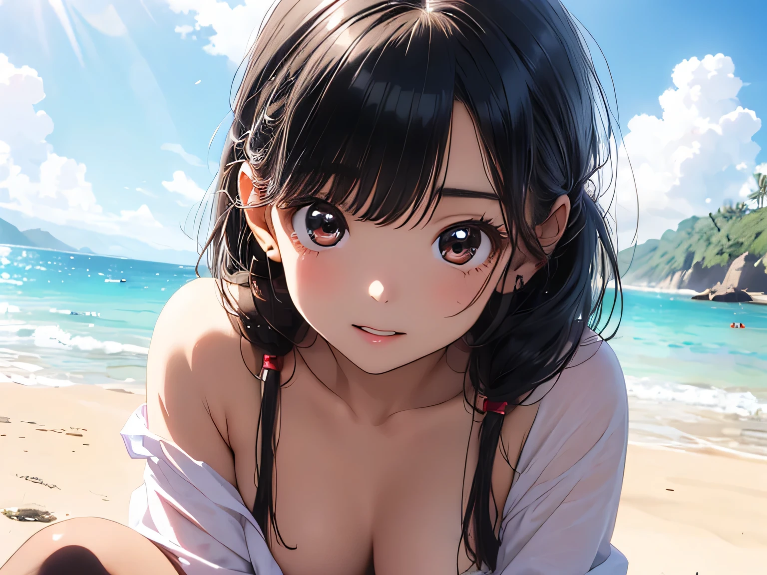 (8K、top-quality、​masterpiece:1.2)、(realisitic、ultra-detailliert、超A high resolution、beautifull detailed face,perfect body,(1girl,black long hair),(nude,pubic hair),in Sunrise over the Ocean,pov,
