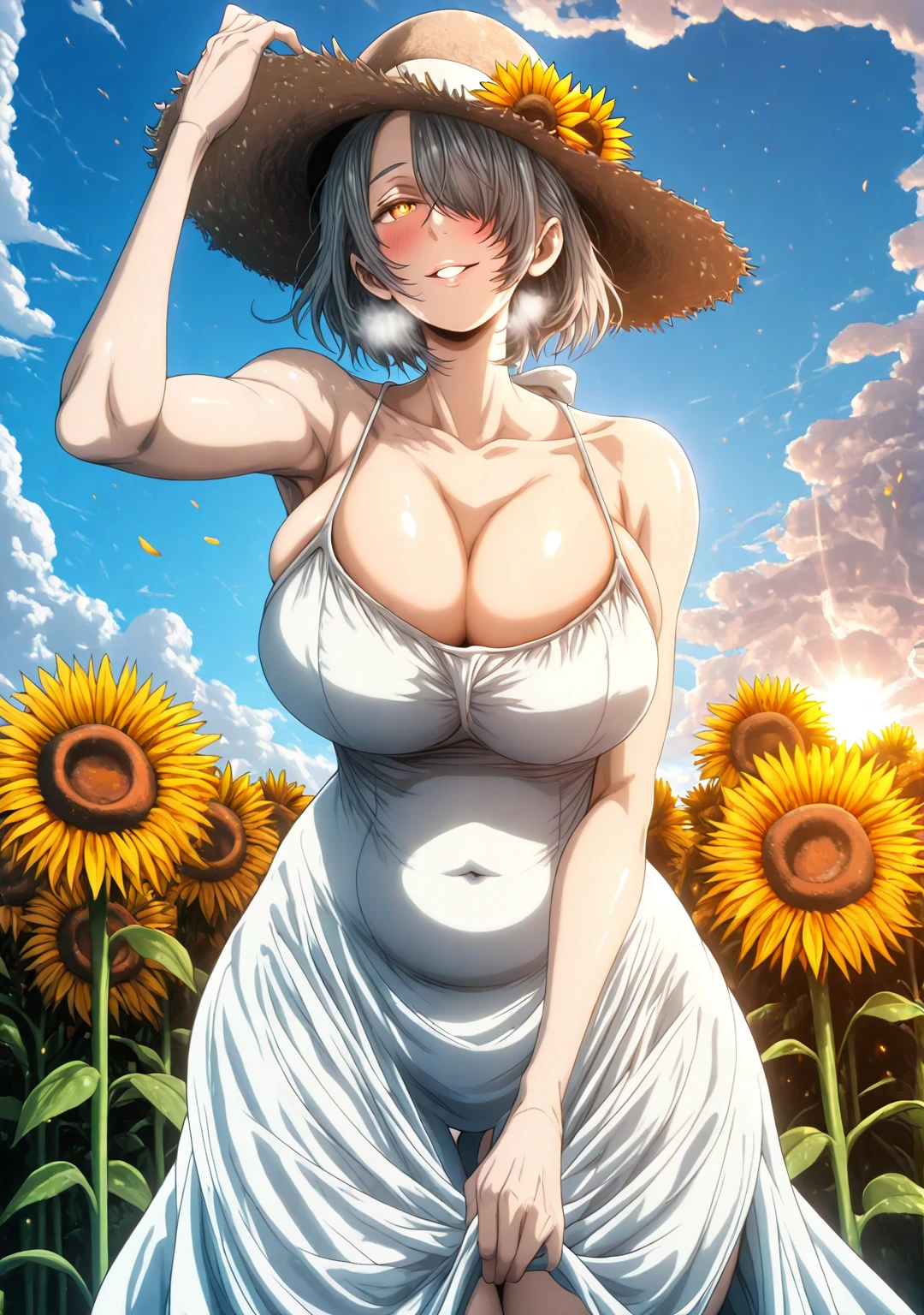Manhwa, L_Cation2, babu-style, Hgk, (packge-style:1.2), (butcha-u-style:1.2), (gin_moku-style:1.3), (toi8-style:1.4), ((anime coloring, anime screencap)), shiny skin, Hand drawn, cinematic, Sharp focus, humorous illustration, big depth of field,(cellulite:1.2) Masterpiece, ((cinematic, backlighting)), concept art, trending on artstation, Vivid colors, Simplified style, trending on ArtStation, trending on CGSociety, Intricate, Vibrant colors, Soft Shading, Simplistic Features, Sharp Angles, Playful, (voluptuous body:1.4), (mature female:1.4), ((anatomical correct)), perfect body, perfect eyes, perfect fingers, gasping, heavy breathing, gasping profusely, ((skindentation)), ((curvy, thigh gap)) short hair, hair over one eye, grey hair, yellow eyes, bright pupils, plump, 1girl, breasts, flower, sunflower, dress, hat, solo, white_dress, cleavage, looking_at_viewer, outdoors, sky, sun_hat, blush, smug, day, hair_flower, sundress, blue_sky, hand_on_headwear, bare_shoulders, straw_hat, cloud, parted_lips, hat_flower, between_breasts, sleeveless, flower_field, mature_female, covered navel, ((silhouette)), embers