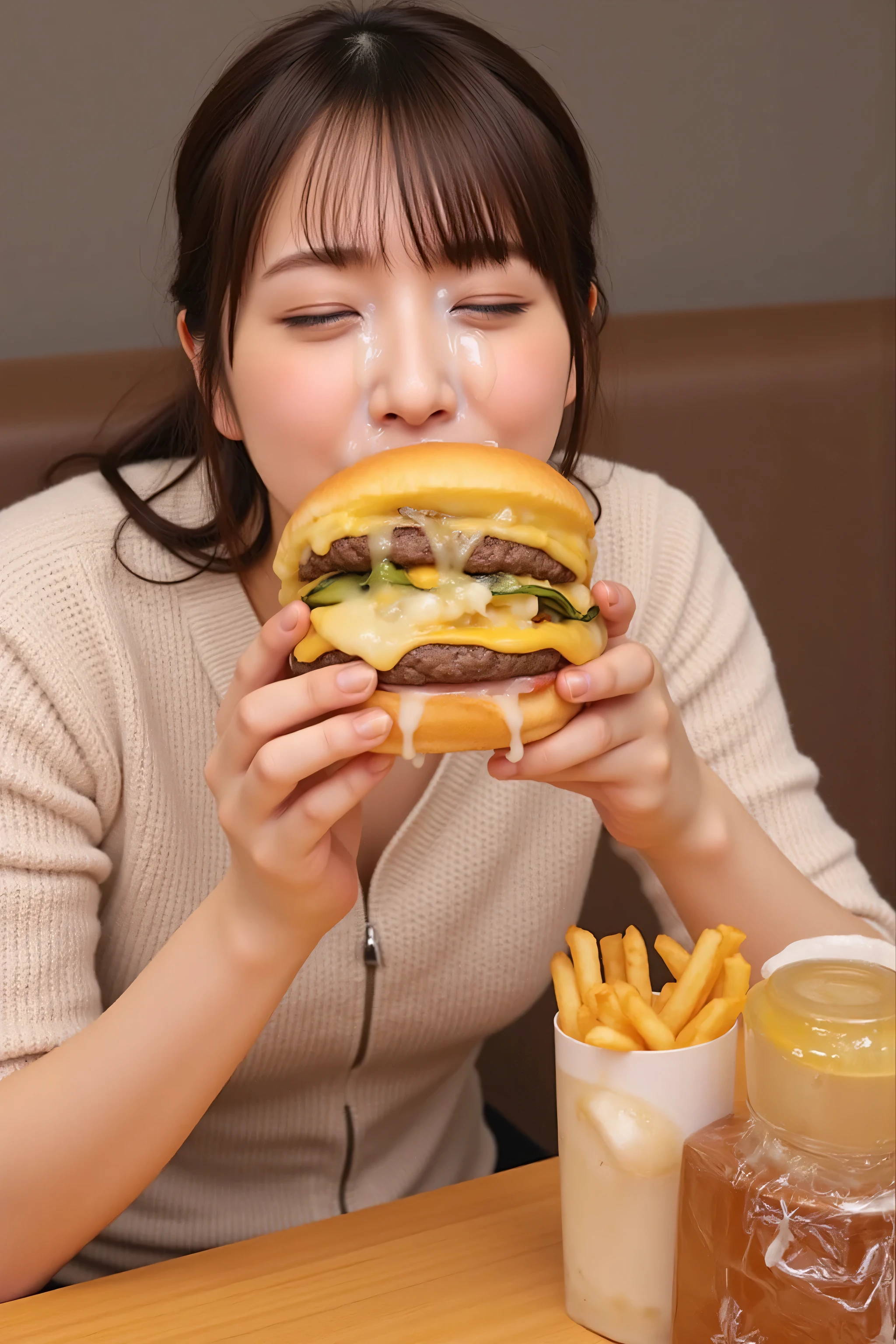 (Table Top、top quality、8k、Award-winning work、Ultra high definition )、Beautiful Women、(A hamburger covered in semen:1.8)、(PERFECT V NECK KNIT :1.2)、(disconnect:1.3)、(bust up pictures:1.3)、(big boobs:1.1)、(Sitting on a burger shop chair:1.3)、Highlights the most body line、 the most natural and perfect hamburger shop background 、(charming perfect, Real giant cheeseburger:1.3)、(charming perfect pile of french fries:1.3)、(most realistic and detailed hamburger:1.1)、Perfectly organized、The most natural burger shop、Blurry Background、accurate anatomy、Ultra high definition hair、Ultra high definition の完璧な美しい歯、Ultra High Resolution Beautiful Face、Ultra high definition hair、Ultra high definition のきらめく目、輝くUltra high definition の美肌、Ultra high definition の艶やかな唇、elegant makeup、(lots of hamburgers and piles of french fries、drinks lined up on the desk:1.5)、(A woman holds a giant hamburger:1.5)、(filled with burgers filled with large amounts of semen:1.8)