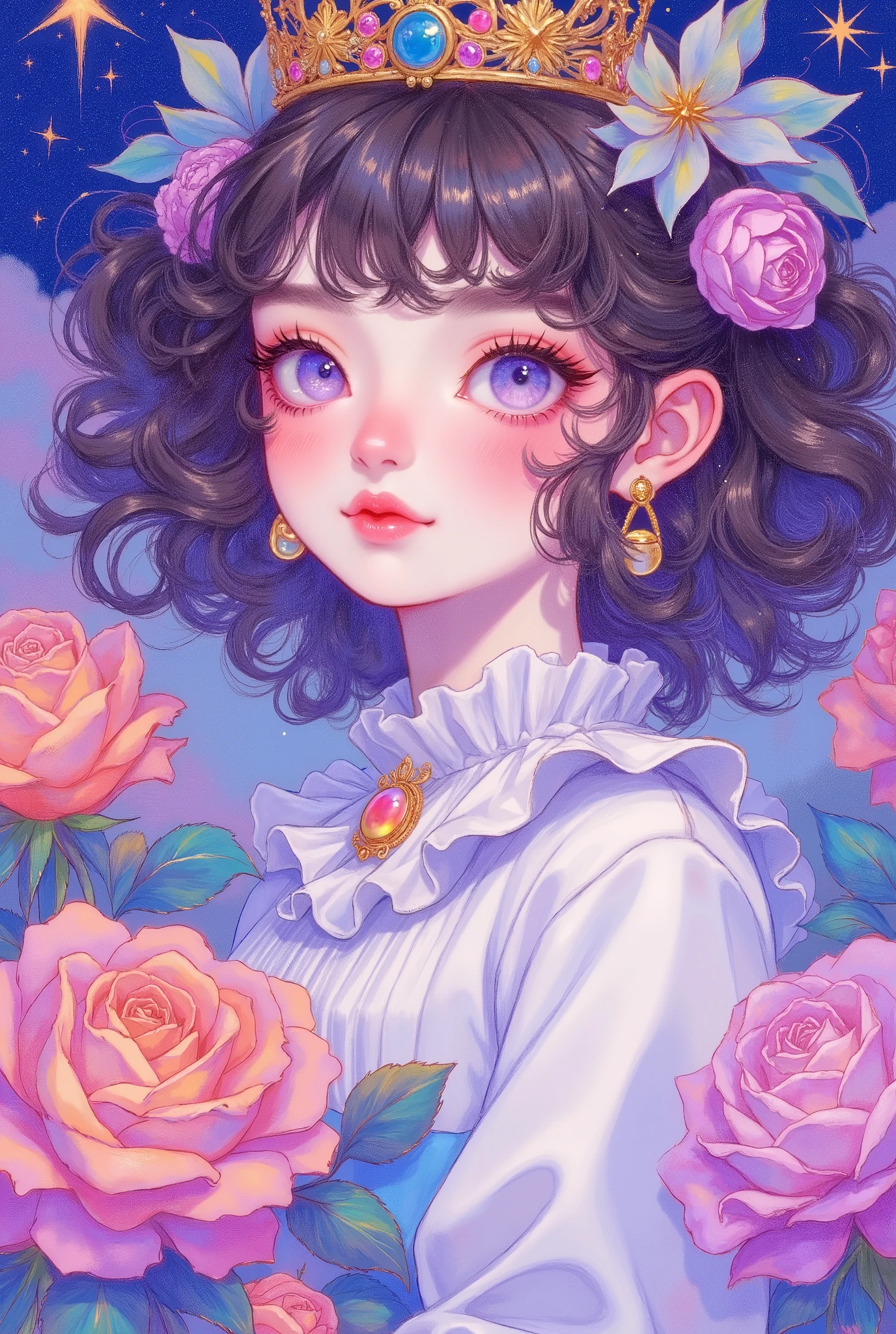 Portrait，Eye close-up- **Main style**：`Exquisite illustration，dreamy palace style，realistic thick coating，delicate and dreamy`
- **character traits**：curls（with curly hair），pink purple gradient eyes，natural blush，Pearl earrings，looks ethereal and elegant`
- **Embellish**：`gold with sapphire crown，pink/Orange Rose（blooming in various shapes），Purple flowers，white pleated collar（Blue Purple Gradient），dark blue starry sky background（With starlight、Clouds）`
The black lines outline the outline