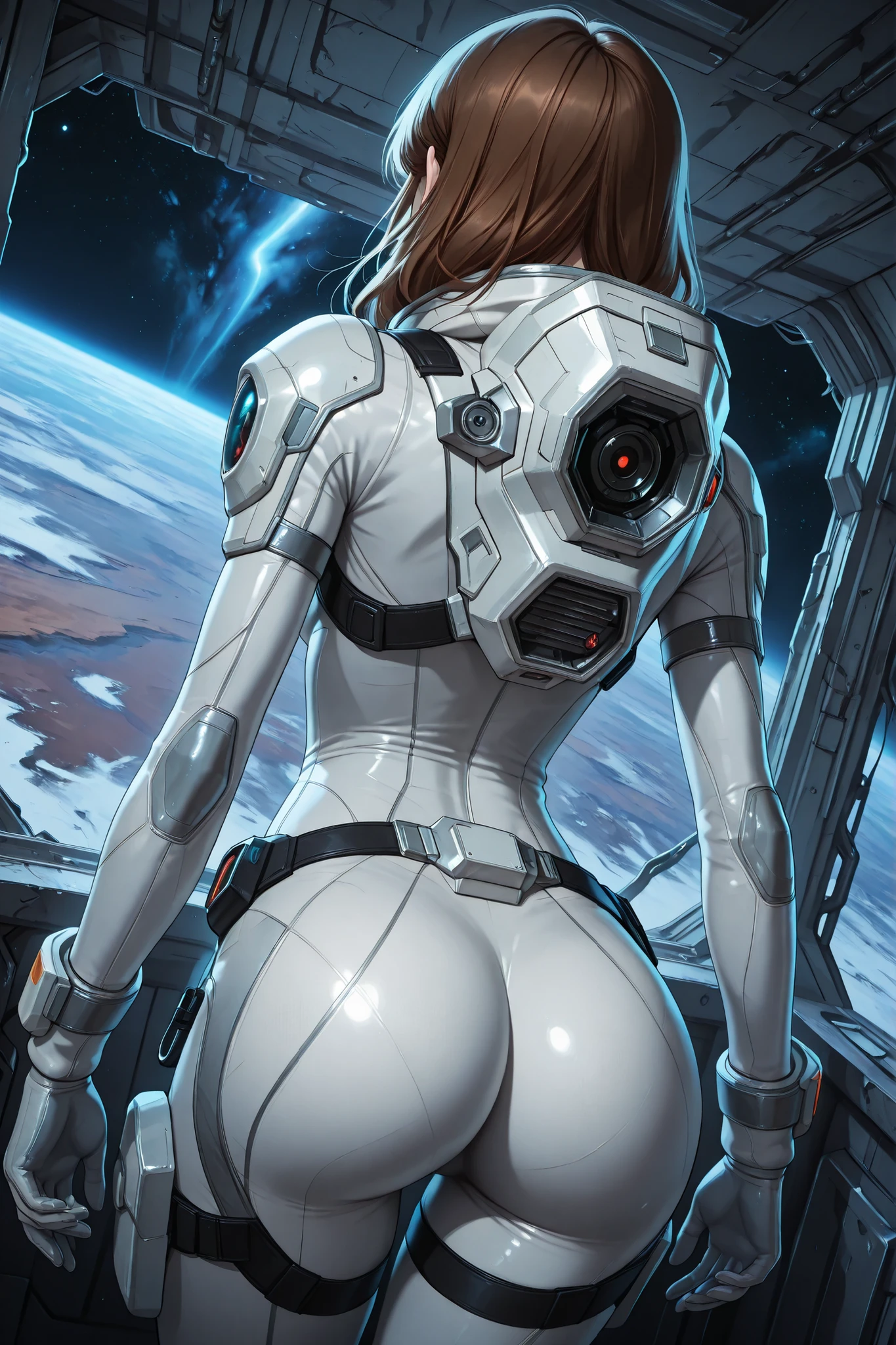 high resolution images, masterpiece, Highest Quality, amazing quality, official art, Highly detailed, Wallpaper, 1 girl, slim frame, A very attractive and slim woman wearing a tight spacesuit walks in an abandoned planet, view from behind, ass, dynamic angle,