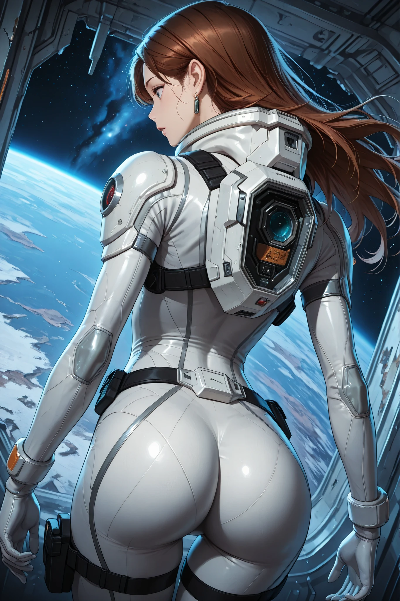 high resolution images, masterpiece, Highest Quality, amazing quality, official art, Highly detailed, Wallpaper, 1 girl, slim frame, A very attractive and slim woman wearing a tight spacesuit walks in an abandoned planet, view from behind, ass, dynamic angle,
