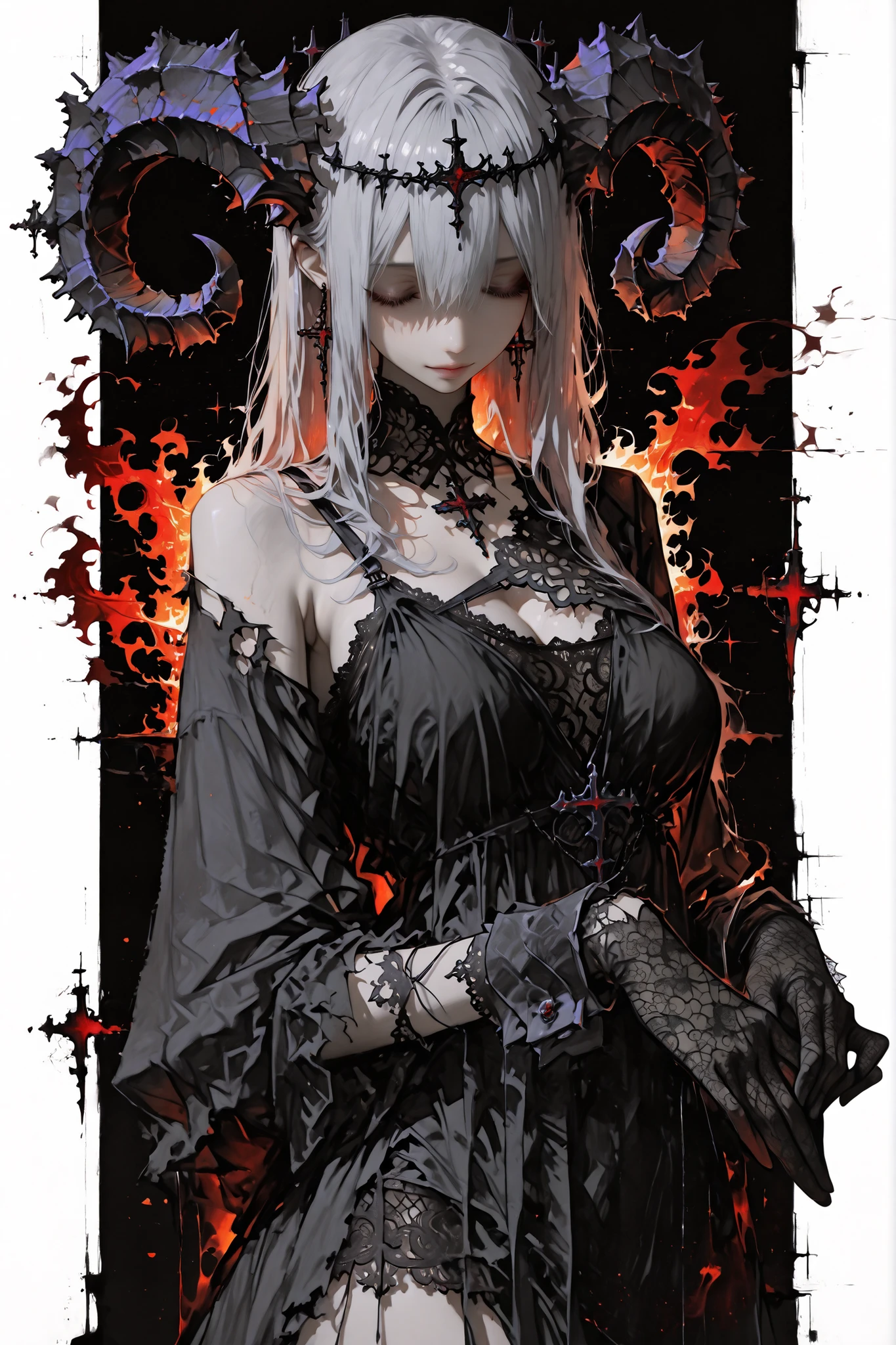 darkness falls, ((solo)). ((extreme detailed cinematic poster)), (masterpiece, detailed:1.2), ultra high quality, semi-realistic anime style, soft lighting, gentle warm shading, elegant and delicate atmosphere, beautiful and messy silver-haired girl, face centered, symmetric face, balanced facial features, long hair, close eyes, (eyes closer together:1.2), play, (close-set eyes), (large breast), broken wing, left side wing, broken daemon horn, horn accessory, serene expression, centered composition,Thin and soft loose clothing, black broken tiara with a vine motif, black negligee dress, ((tattered costume)), loose and soft fabric, airy and gentle texture, sheer sleeves, lightly translucent, relaxed silhouette, soft lace details around neckline and cuffs, thin straps starting above the chest and running straight to the shoulders (single strap each), lace weaving gloves , natural hand shape, correct anatomy, fantasy magical elements behind her, subtle purple-red energy cracks, (black background with soft fire accents:1.4), blackbackground,elegant glow effects, shimmering atmosphere, cinematic rim lighting, soft focus, smooth gradients, symmetrical framing, SFW,