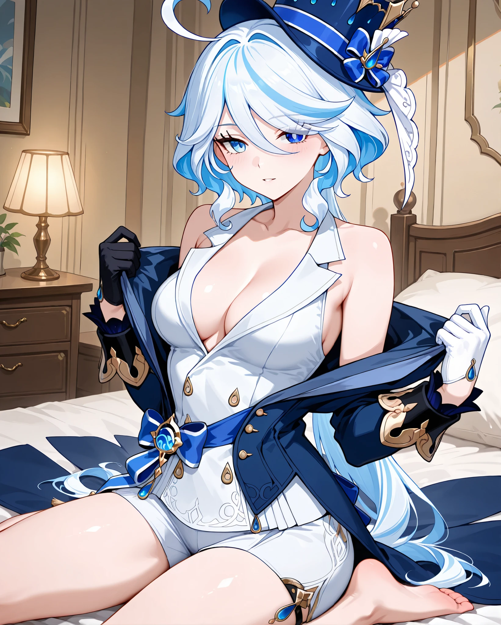 	Furina \Genshin Impact\, 
long hair, white hair, medium breasts, 

blue headwear, top hat, 
blue jacket, long sleeves, 
blue tailcoat, 
white vest, 
assymetrical gloves, 
white shorts, 

horny, seductive expression, solo, 
sitting on bed, undressing, barefoot, taking off jacket, 

luxurious bedroom, 
1 beautiful girl, 

masterpiece, best quality, amazing quality, newest, very aesthetic, absurdres, aged up, mature female, womanly, thin body, anime style, shapely hips, anime screenshot, 