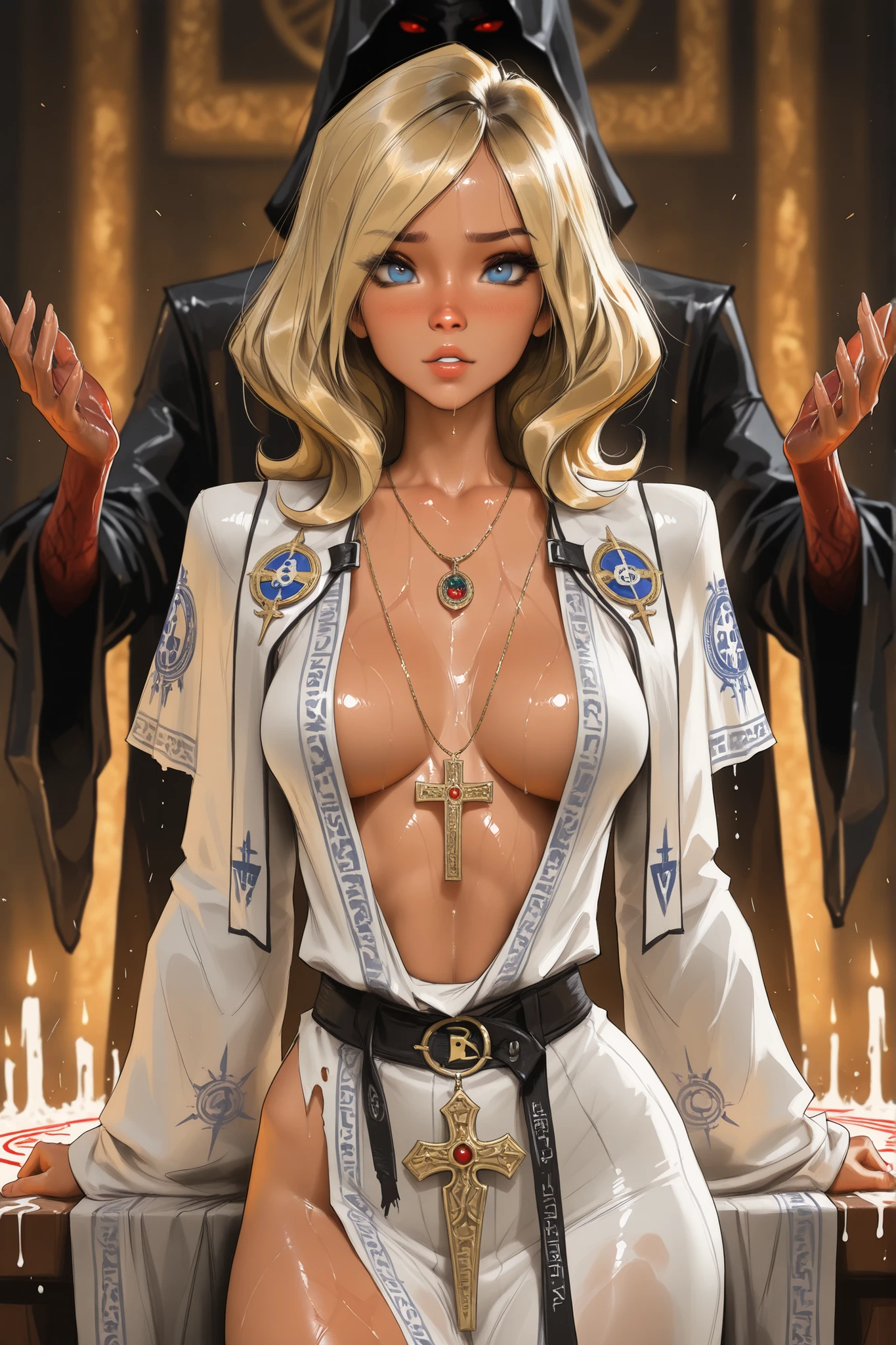 masterpiece, best quality, very aesthetic, movie quality, depth of field,soft saturation, focused subject, ,official style, shiny skin, secret mission, 1girl,, wavy blonde hair, blonde hair, long hair, ((blue eyes)), dark hair roots,, ( glossy-skinned female ,), slender body, hourglass figure, milly ashford, oily skin, realistic eyes, medium breasts, fashionable girl, fluids on skin, naked, (resident evil 4, priests, sex ritual, corruption, fluids connecting to monster), rich girl, torn priestess robes, shirow masamune, sam yang, (((necklaces))), ritual ceremony, shredded robe slipping off body, dripping wet hair, altar