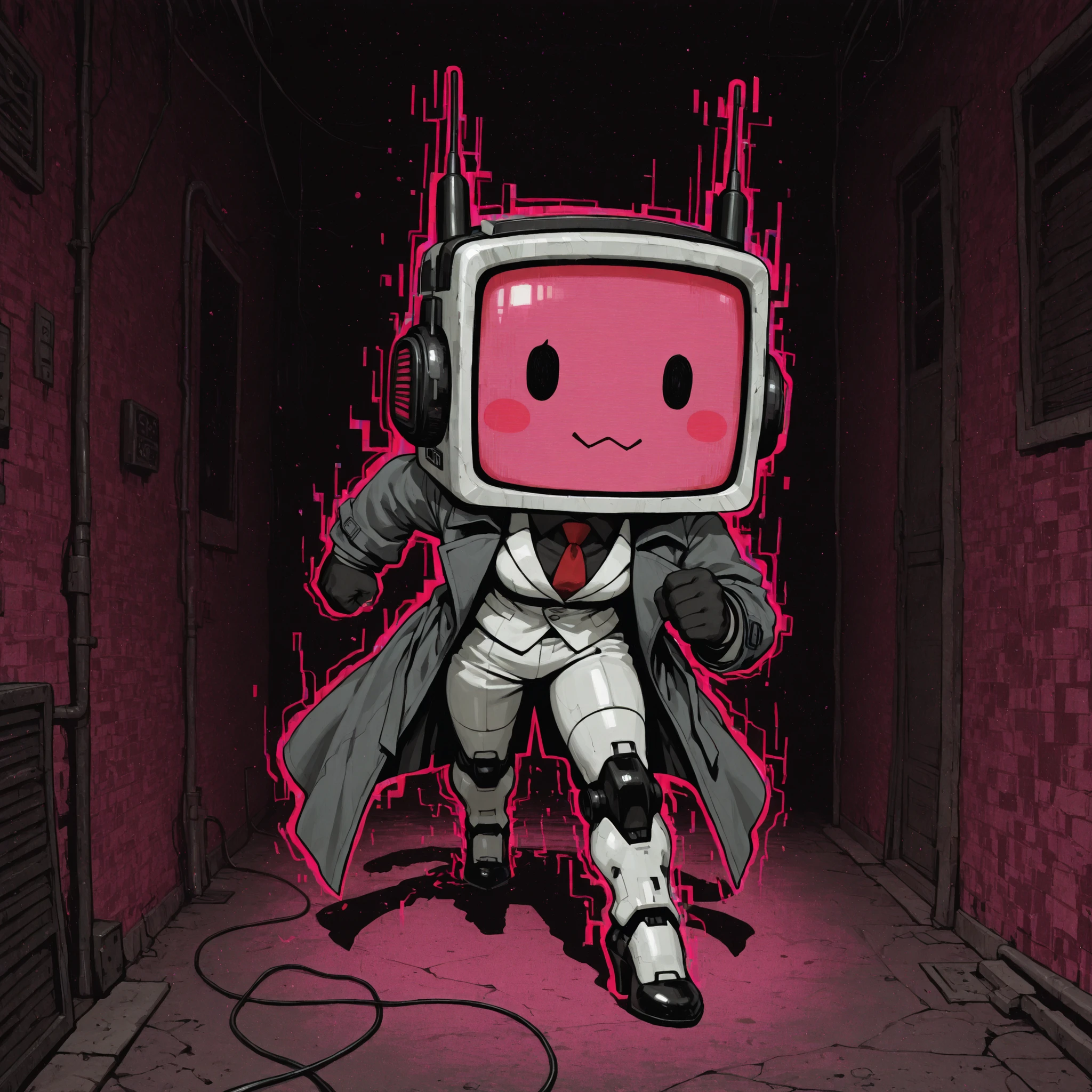 [The Horror Radio], (masterpiece, best quality:1.2), (high detail, sharp lighting), 
solo, 1girl, normal_face, radio_head, pink face, chibi style, dot eyes, glitch face, 
digital distortion, pixel fragments, static effects, pink lights inside screen, 
robot_skin black, mechanical connectors, antennas, heavy headphones,

long gray trench coat blowing backward, white suit, red tie, black gloves, 
tight leg straps, white mechanical legs, black heels, dynamic leaning-forward pose, 
running stance, chase energy, intense motion blur, wind pressure on coat, 
adrenaline atmosphere, fast-paced mood,

dark electronic horror theme, cinematic tension, high BPM energy, 
glitch streaks, digital noise particles, neon reflections on floor,
spotlight from above, shadow under feet, foggy background, 
dark alley ambience, radio-static aura, thriller chase tone,

(clean composition), (no text), (album cover framing:1.1).
