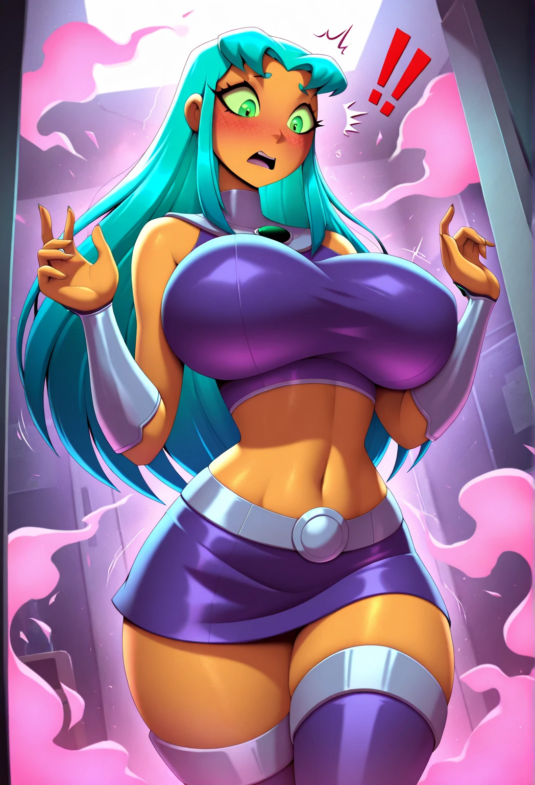 masterpiece, best quality, solo, curvy, beautiful eyes,  narrow waist, wide hips, zzMiko, long hair, purple hair, blunt bangs, multicolored hair,  dynamic angle, foreshortening, close up, smile, looking at viewer,   ,       <lora:MikoKubotaIXL:1.0>, [Mystic Glow], Glowing green tribal tattoos across grey skin, ethereal glow, Upper body portrait with pointy ears and glowing eyes, surrounded by a soft green aura in a shadowy space, locking eyes with the viewer with an enigmatic expression.