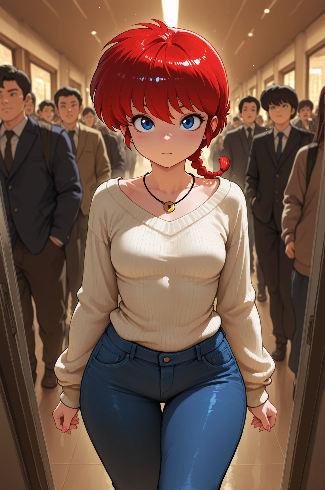 Ranma Saotome. red hair. blue eyes. braid. small breasts. wide hips. necklace. black eyeliner. pink manicure. | Composition
Location: Urban landscape with passing people
Focus: On the faces of passersby
Perspective: View from the observer's eye level
Dynamics: The movement of the crowd in different directions
Basic elements
Main characters:
A variety of strangers with expressive faces
Hidden details in their appearance
Tense or detached facial expressions
Environment:
Urban landscape at dusk
Reflections in shop windows
Vague shadows
Details of the urban environment
Details
Faces:
Elaborated emotions
Hidden symbols or signs
Unnatural details
Clothing:
Casual Urban clothing, jeans sweater
Hidden elements
Unusual accessories
Atmosphere:
Intense waiting
A sense of mystery
The presence of something hidden
Color scheme
Basic tones:
Muted urban tones
Contrasting accents
Reflections of light
Lighting:
Evening city lighting
Lighting effects
Shadows that create mystery
Technical parameters
Quality: High detail of faces
Style: Realistic with elements of surrealism
Focus: On faces and details
Depth of field: Medium, emphasizing important elements
Special effects night atmosphere
A light haze
Reflections
Light glare
Mood:
Mystery
Uncertainty
Hidden messages
Dynamics:
Crowd movement
Motion blur
Frozen moments