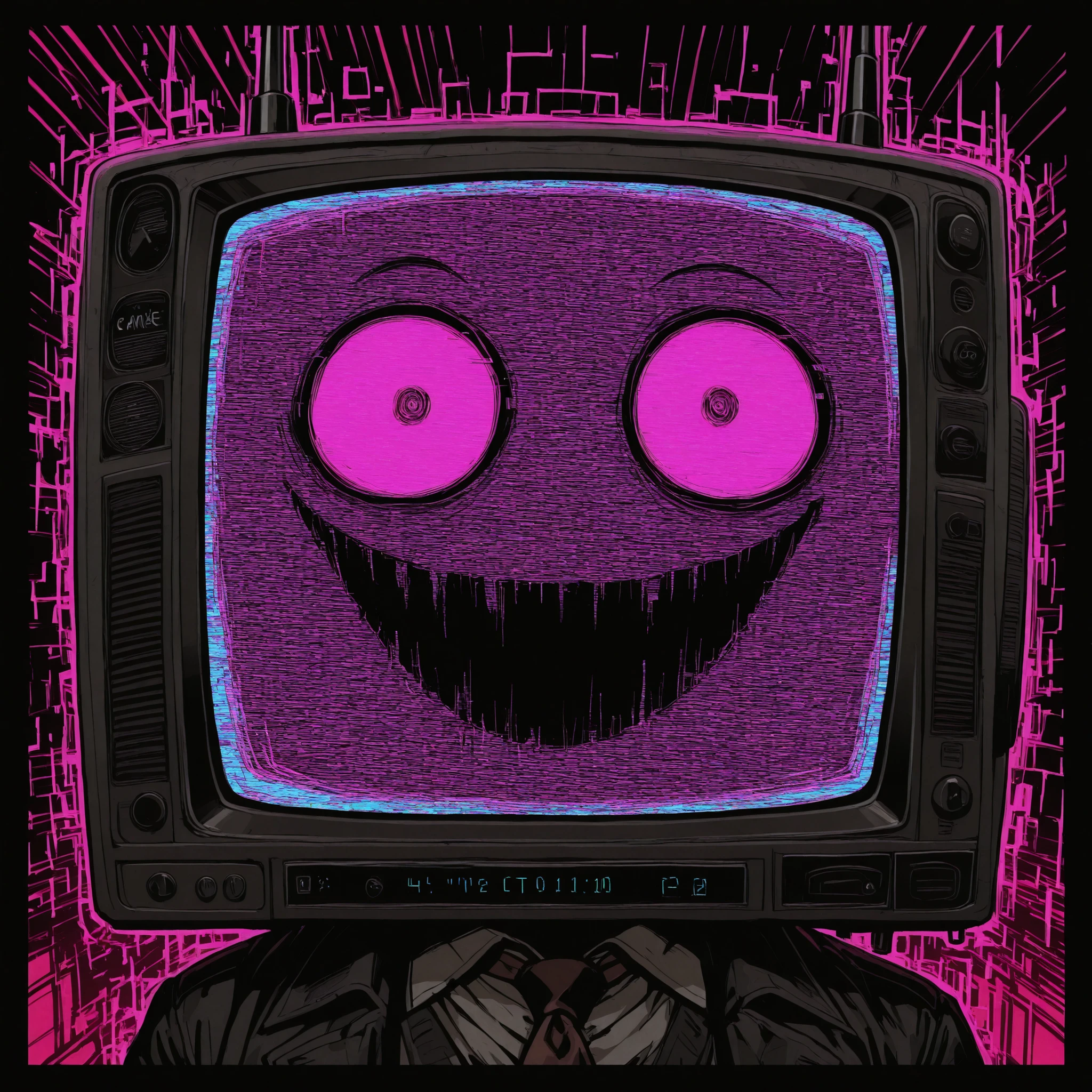 [The Horror Radio], (masterpiece, best quality:1.2), (high detail, sharp lighting), 
solo, 1boy, craze_face, radio_head, vintage television face, glowing circle eyes, glitch_face, 
digital distortion, pixel fragments, static effects, pink lights inside screen, 
robot_skin black, mechanical connectors, antennas, taking dmg, 

(clean composition), (no text), (album cover framing:1.1).
