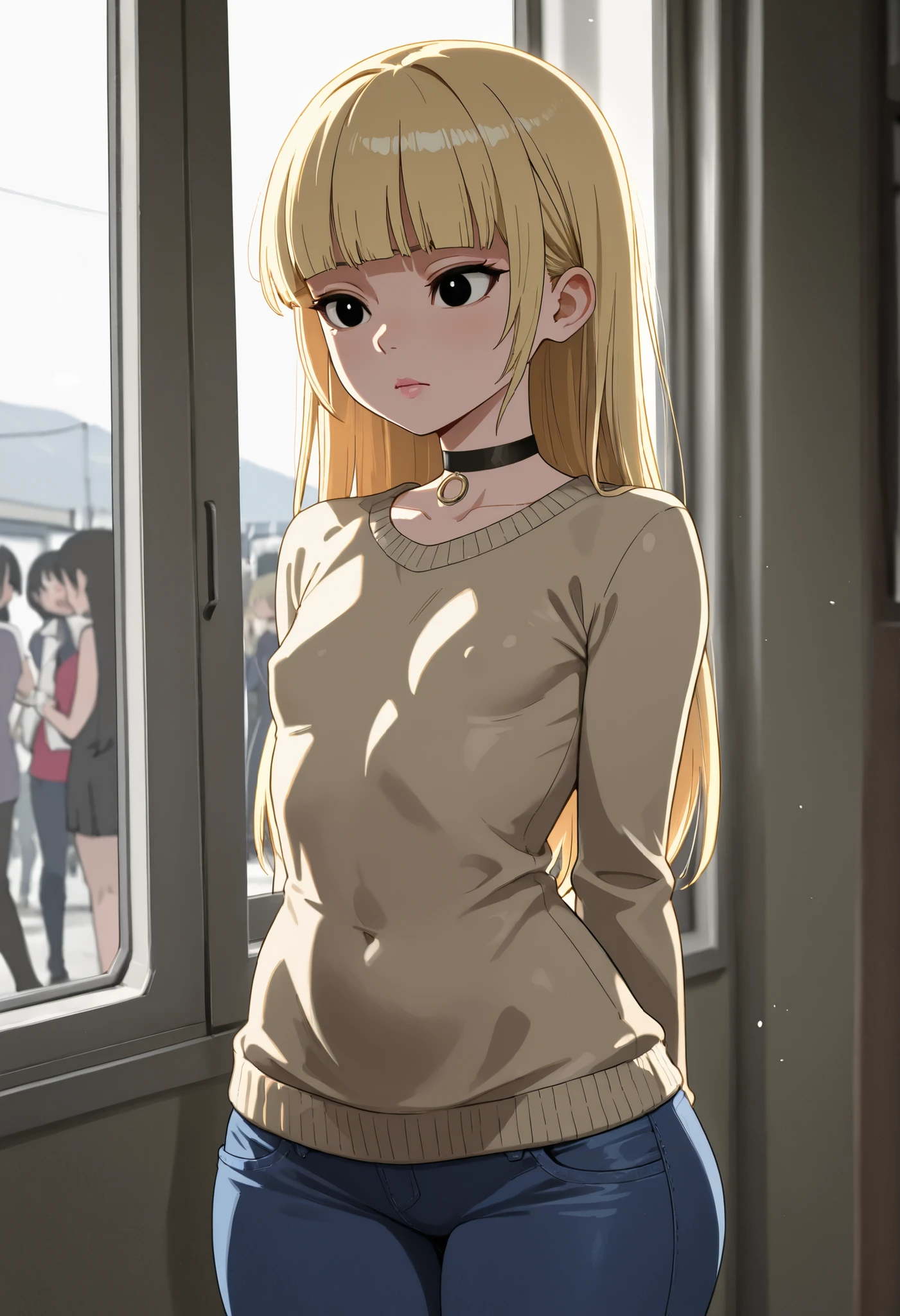 Pacifica Northwest,black eyes, pink lips, flat breasts, flat chest, skinny, huge hips, long hair, blonde hair, choker,| Composition
Location: Urban landscape with passing people
Focus: On the faces of passersby
Perspective: View from the observer's eye level
Dynamics: The movement of the crowd in different directions
Basic elements
Main characters:
A variety of strangers with expressive faces
Hidden details in their appearance
Tense or detached facial expressions
Environment:
Urban landscape at dusk
Reflections in shop windows
Vague shadows
Details of the urban environment
Details
Faces:
Elaborated emotions
Hidden symbols or signs
Unnatural details
Clothing:
Casual Urban clothing, jeans sweater
Hidden elements
Unusual accessories
Atmosphere:
Intense waiting
A sense of mystery
The presence of something hidden
Color scheme
Basic tones:
Muted urban tones
Contrasting accents
Reflections of light
Lighting:
Evening city lighting
Lighting effects
Shadows that create mystery
Technical parameters
Quality: High detail of faces
Style: Realistic with elements of surrealism
Focus: On faces and details
Depth of field: Medium, emphasizing important elements
Special effects night atmosphere
A light haze
Reflections
Light glare
Mood:
Mystery
Uncertainty
Hidden messages
Dynamics:
Crowd movement
Motion blur
Frozen moments