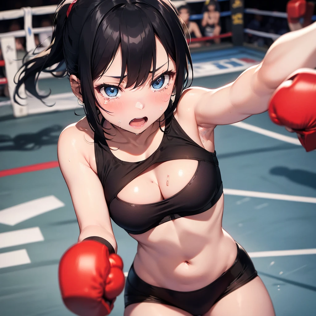 masterpiece, highest quality, (Highly detailed CG Unity 8k wallpaper), (highest quality), (Best illustrations), (Best Shadow), Confused, Realistic lighting, (abyss), Beautiful and delicate shine,victory,Random Pause,(( wet with sweat,Female professional wrestler)),Cute freckles on the cheeks,Mole under left eye,Cowboy Shot,Hair wet with sweat,A leotard-type wrestling costume with gorgeous decorations,pain,suffering,ring,High Kick,