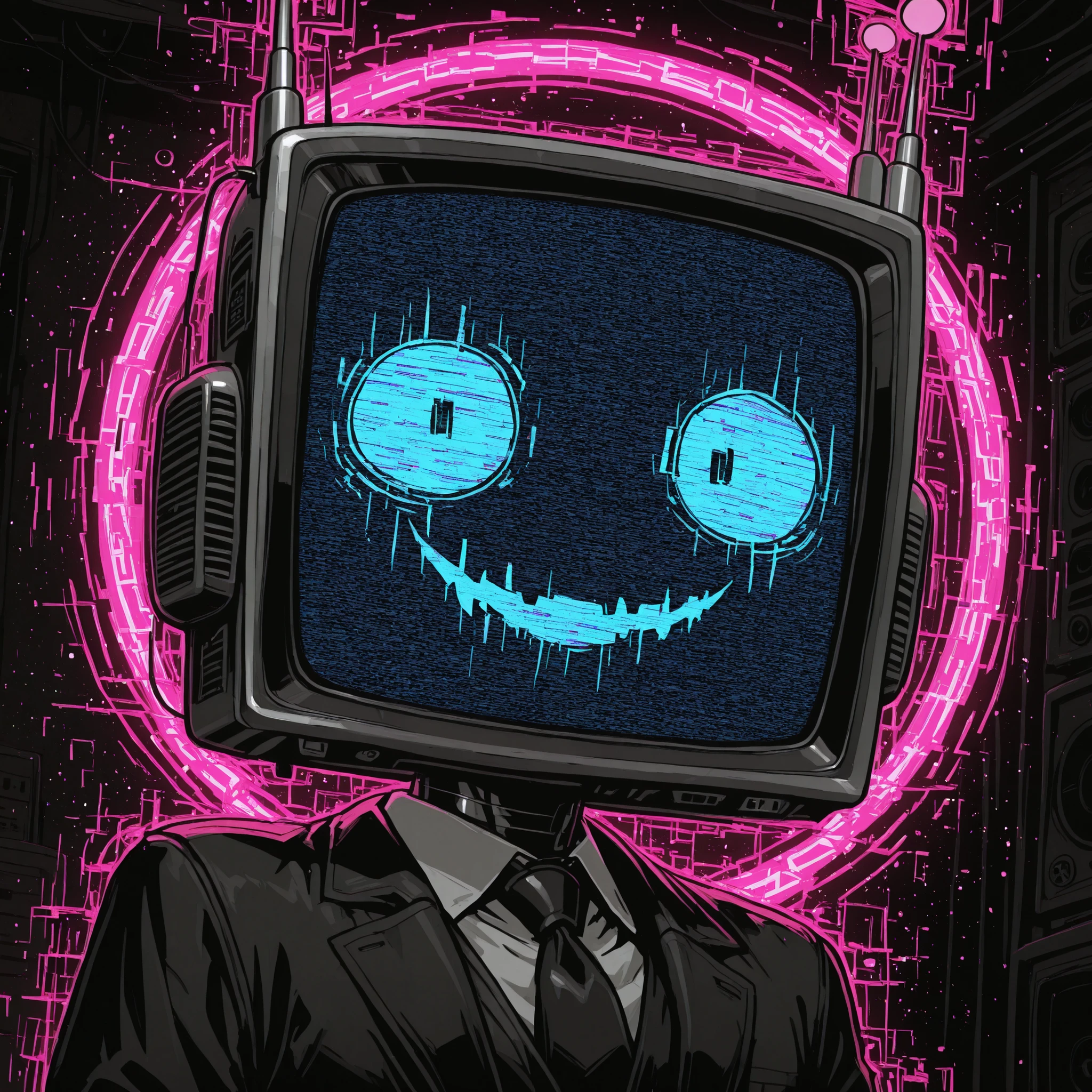 [The Horror Radio], (masterpiece, best quality:1.2), (high detail, sharp lighting), 
solo, 1boy, craze_face, radio_head, vintage television face, glowing circle eyes, glitch_face, 
digital distortion, pixel fragments, static effects, pink lights inside screen, 
robot_skin black, mechanical connectors, antennas, taking dmg, 

(clean composition), (no text), (album cover framing:1.1).

