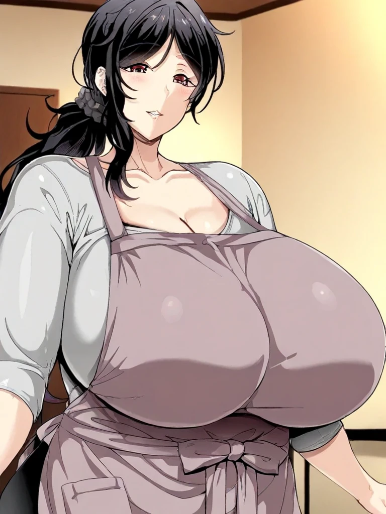 score_8, 1girl, Masochist Busty Mom, shaded face, manga style, black hair, spiral eyes, @_@, purple blue eyes, big eyes, hair between eyes, messy hair, long hair, ahoge, gigantic breasts, wide hips, thick thighs, plump, naked apron, pink apron, sideboobs, areola slip, cleavage, puffy lips, smile, parted lips, kitchen, looking at viewer, standing, cowboy shot