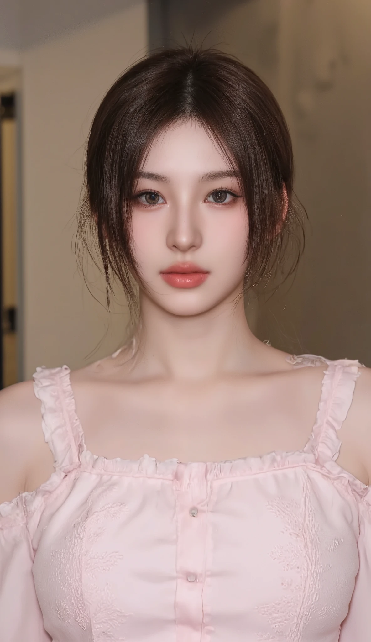 A young woman is captured in a portrait with her shoulder-length dark brown hair cascading elegantly around her shoulders. Her hair has a natural shine, highlighting the healthy texture and volume. She wears a light pink off-shoulder blouse with soft ruffles and lace details, adding a delicate and feminine touch to her ensemble. The blouse suggests a casual yet refined style, suitable for formal or semi-formal occasions. Her skin appears smooth and fair, with a subtle, natural glow. The soft lighting creates a warm and inviting atmosphere, enhancing the gentle colors of her outfit. The focus on clothing and hair emphasizes a serene and understated elegance. The mood of the image is tranquil, evoking a sense of calm and grace.