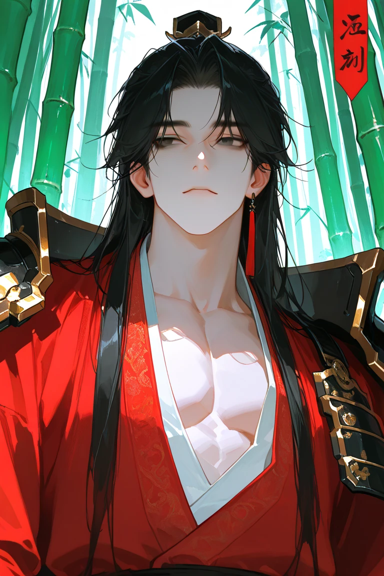 (absurdres, highres, ultra detailed, HDR) master piece, best quality, Ashura, black long hair, untamed hair, expressive red eyes, Onmyoji, red mark on the forehead, solo, sexy man, handsome, tanned skin, toned chest, red haori, with accessories, jewelry, lotus earrings, patterns, water, magical fantasy, red butterflies, glittering, sparkling, red lotus, petals, radiant