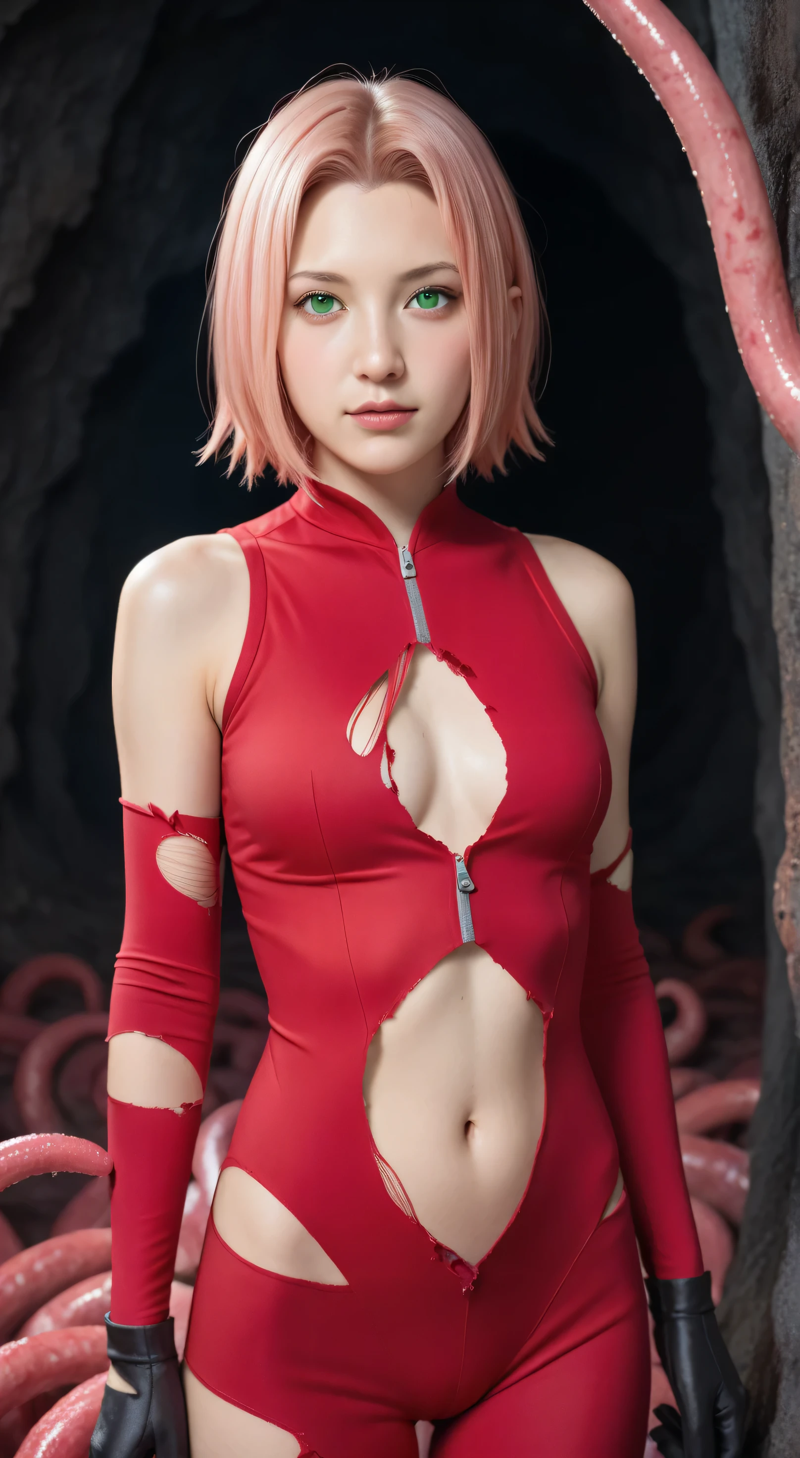 Masterpiece, best quality, 8k, ultra high resolution, photorealistic, cinematic composition,1girl, solo,haruno sakura,emerald eyes,pink hair,short hair,potrait,small breast,dark cave,looking at viewer, front view,close up,black glove,(dark cave background:1.5),(torn red bodysuit:1.5),sleeveless,close up,(tentacles rounded on body:1.5),navel