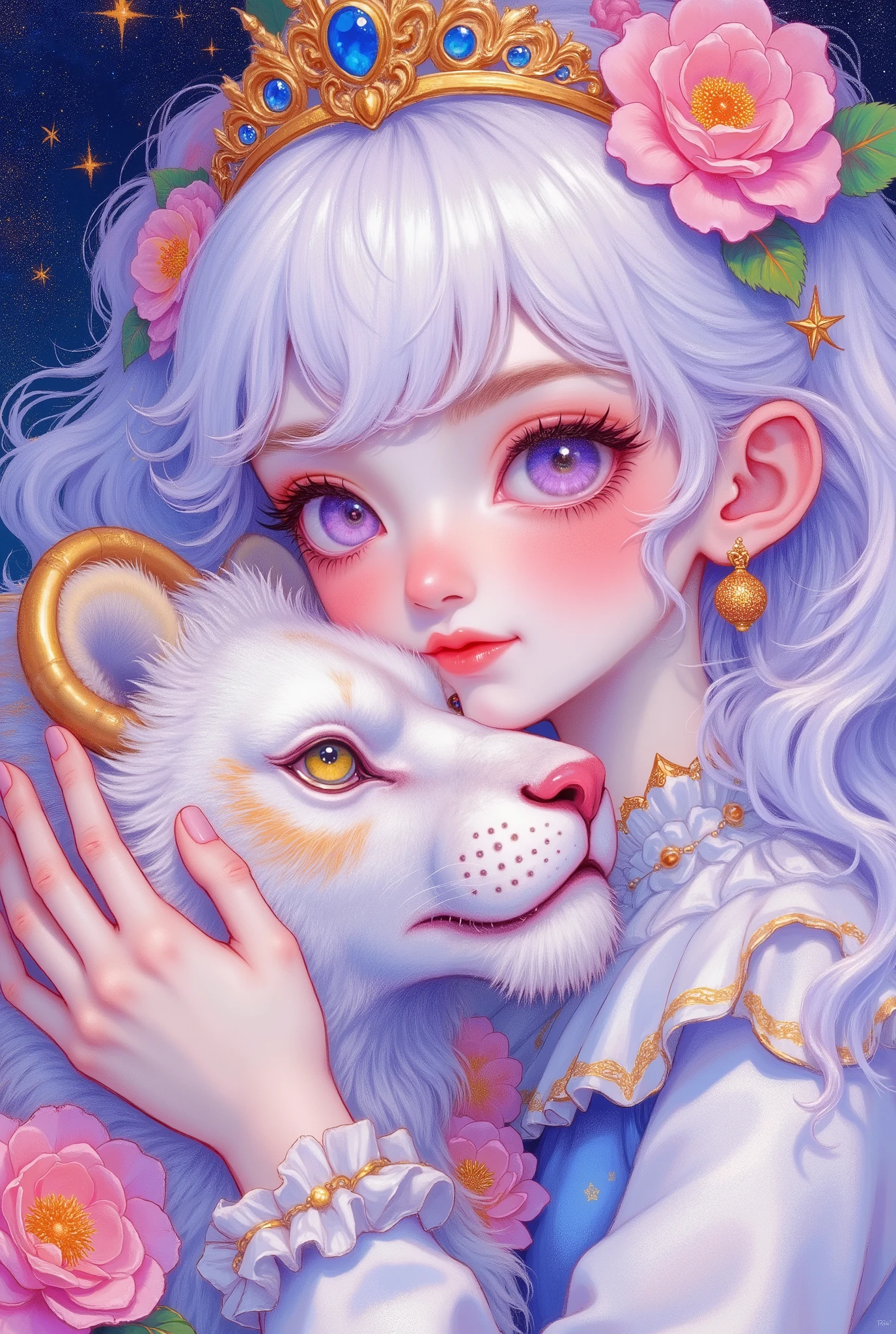 Portrait of a girl and a lion，Eye close-up- **Main style**：`Exquisite illustration，dreamy palace style，realistic thick coating，delicate and dreamy`
- **character traits**：White curly hair（with curly hair）， fluttering bangs ，pink purple gradient eyes - glass texture - starry sky，Dark Eye Shadow，natural blush，Raised mouth，Pearl earrings，sweet smile，round face，looks ethereal and elegant`
- **Embellish**：`Gold-encrusted sapphire crown，pink/Orange Rose（blooming in various shapes），Purple flowers，white pleated collar（Blue Purple Gradient），dark blue starry sky background（With starlight、Clouds）`
The black lines outline the outline