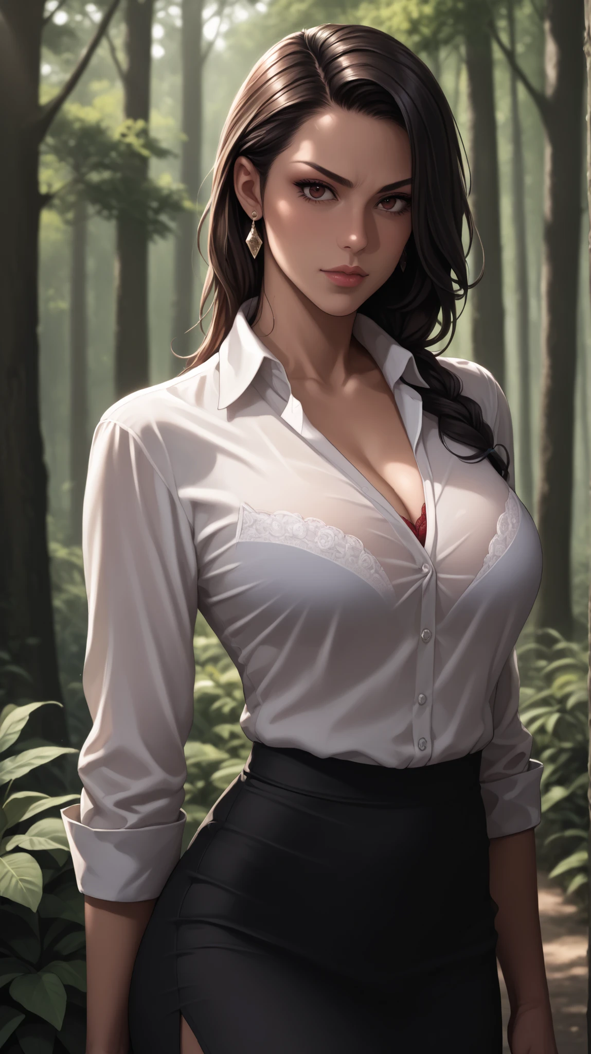 wearing a white silk shirt with a deep V-neck, Wear a business suit, a red lace bra peeking out, And pencil skirts, A beautiful Black woman with a black cornrow hairstyle, Dense forest, photoRealistic, masterpiece, high quality, Realistic, detailed, Dramatic lighting, Cinematic, 複雑なdetailed, Chiaroscuro, Fashion Edit, Editorial Portrait, Impressive pose, Confident expression