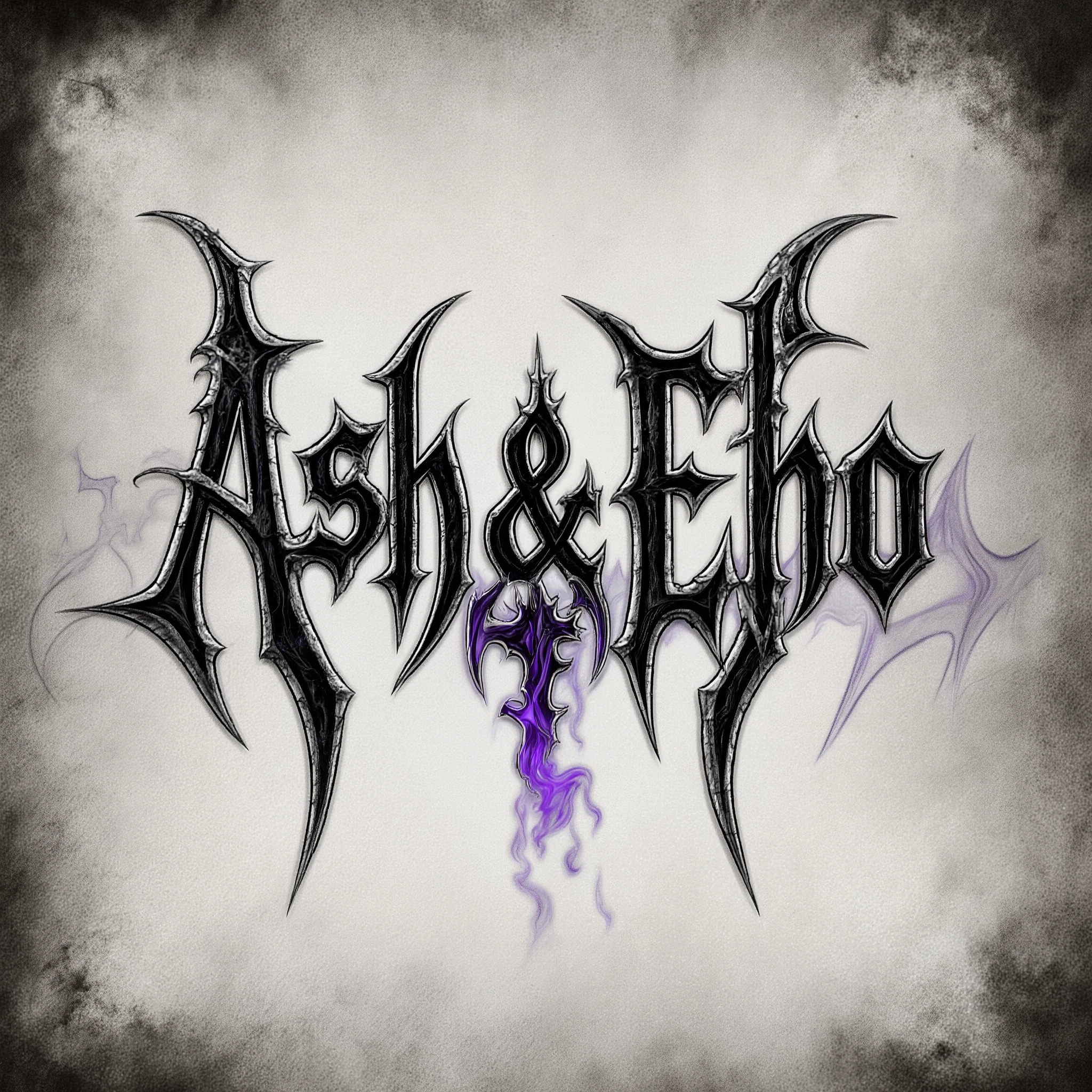 A sophisticated and dark logo for the band name "Ash & Echo". The style is Gothic/Dark Fantasy Metal, emphasizing elegance and mystery. The letters should be elongated, slender, and gracefully sharp, crafted from burnished silver or dark, swirling obsidian. The "A" in "Ash" and the "E" in "Echo" could have subtle, sharp, wing-like or thorn-like flourishes. Between "Ash" and "Echo," integrate a symbolic element such as a stylized, fading ember or a faint, ethereal soundwave, bridging the two words. The overall feel is hauntingly beautiful and intricate, with a dominant color palette of deep grays, muted purples, and midnight blacks, with hints of dull silver