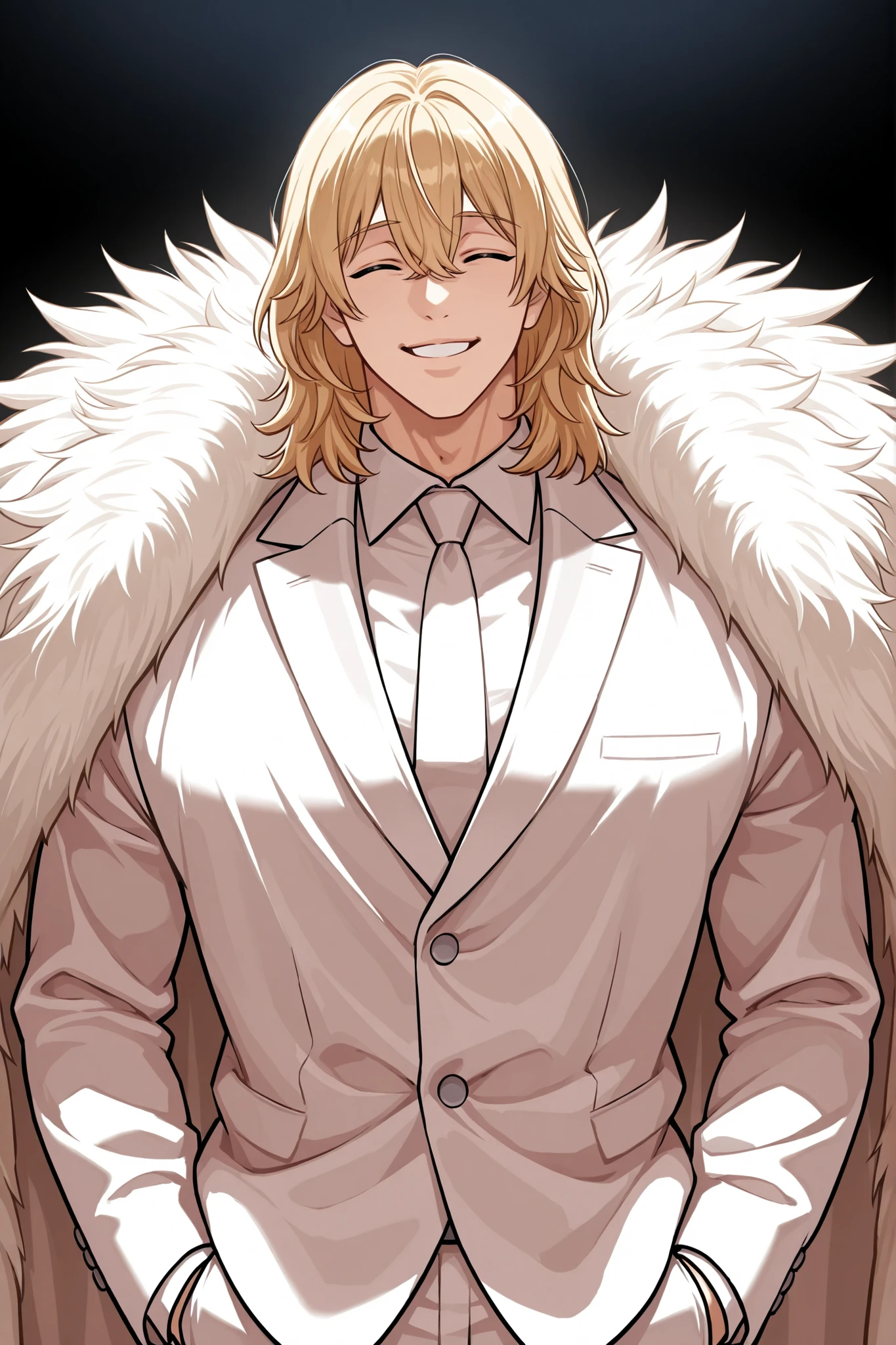 1 male, alone, handsome, muscular, medium hair, blonde hair, bangs between the eyes, happy squinting closed eyes, playful smile, niceful impression, fake, white suit, big white feather coat, composed pose, hands in pockets, head up, upper body, looking at viewer, boss vibes, mafia scenery