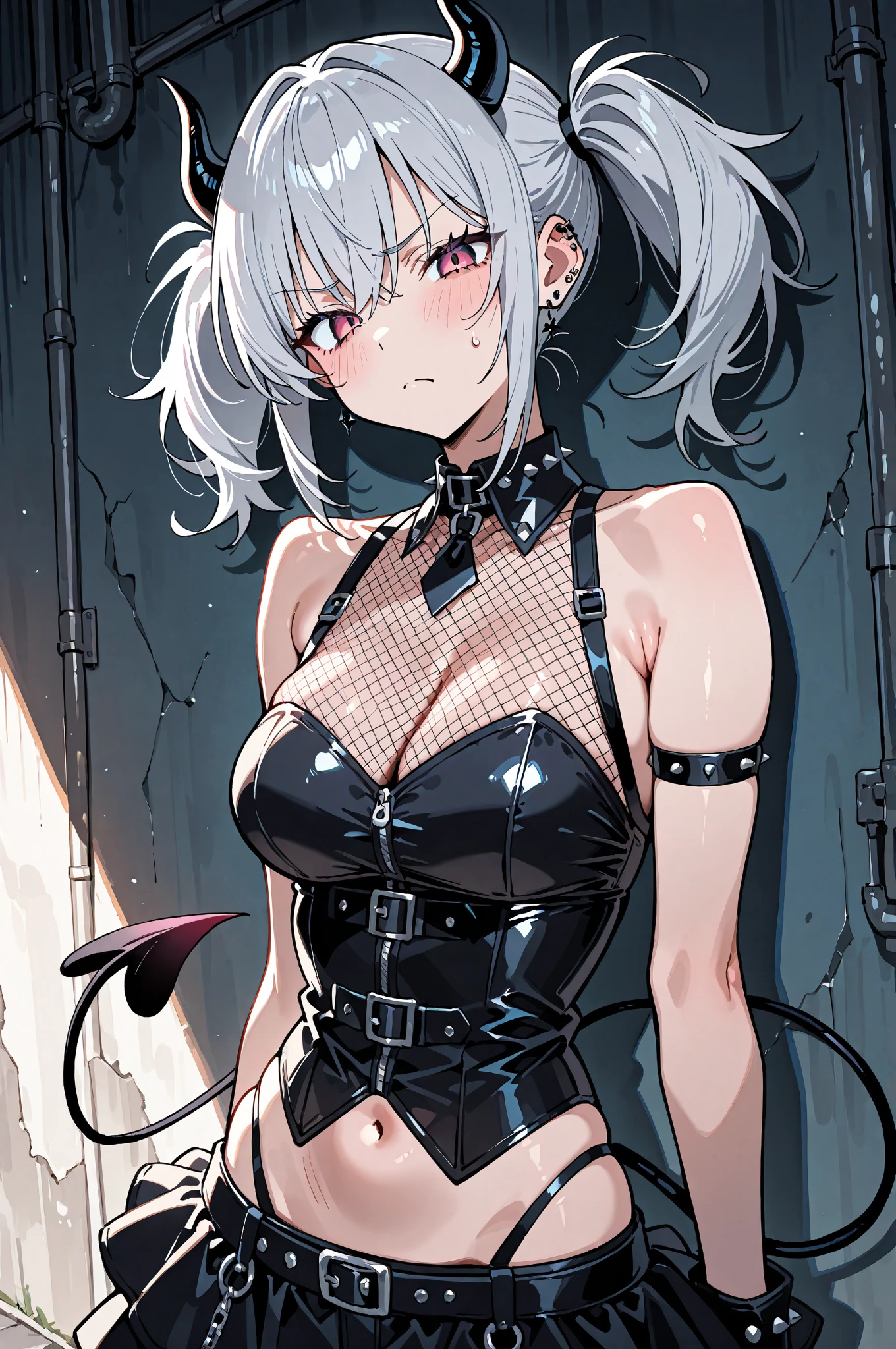 Drawing of ((best quality)), ((masterpiece)), (detailed), super s, perfect face,dutch angle, torso shot, perfect face, gothic, solo 1girl, bondage outfit, spikes, spiked collar, black flower, whip, collar, hair ornament, long white hair, heart, thigh highs, ????????????, ???? ??????, bondage straps , gloves, holding whip, looking at viewer, navel, DO-S from manga "one punch man”, medium shot, lighting, artwork, blank background