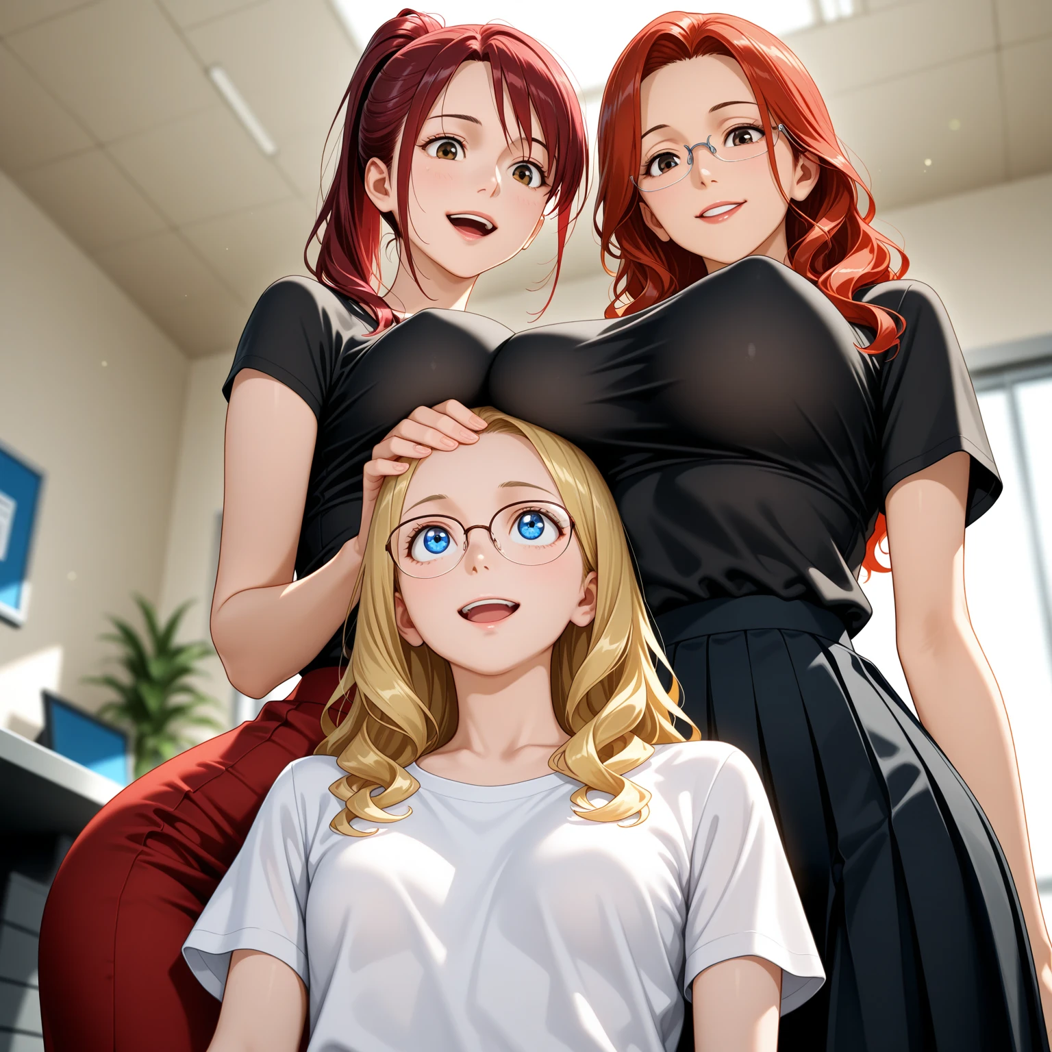 ((best quality, masterpiece:1.3, 8K)), (detailed), highly detailed face and skin texture, detailed eyes, full body, (slender body:1.1), (a group of 3 girls:1.5), 25 years old, white skin, bright lips, worried, embarrassed, panicking, long hair, (forehead:1.0), large ??????, (jeans pants:1.2, blue jeans:1.2), (wetting themself:2.0), desperation:1.2,