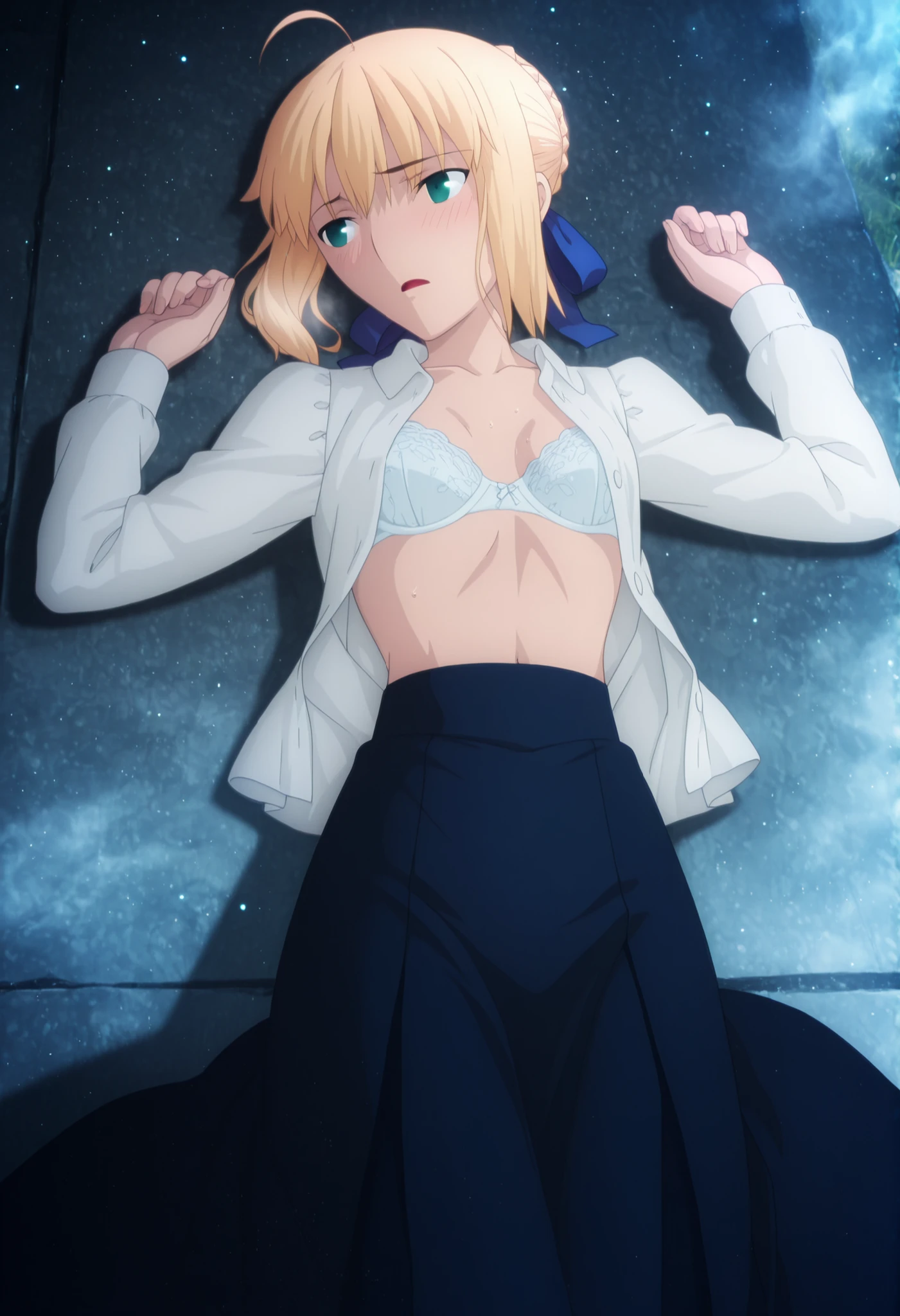 masterpiece, best quality, amazing quality, highres, absurdres, very aesthetic, high resolution, ultra detailed, perfect details, day , 8k, ((colorful light particles, dark blue time, )),outdoors, (beautiful light),,(()), soft natural light ,(Steam, mist ,:1.5),from above,
1girl, solo, ufotable style, anime style, (anime coloring), (anime screencap), (),(on back),(), sweaty body,
artoria pendragon (fate), saber (fate),(slim arnms),blonde hair, green eyes,(half closed-eyes), ahoge, stupid hair ,hair ribbon, blue ribbon, french braid, braided bun, single hair bun, short hair, sidelocks, looking back,(glistening),(), (glistening hair), ),(small breasts), , navel, slim legs, , hands up, from above,((nervous)),
white shirt, front open shirt, white lace bra slip, long sleeve, blue skirt, long skirt, open mouth ,,embarrassed, ,(heavy breathing), ,,