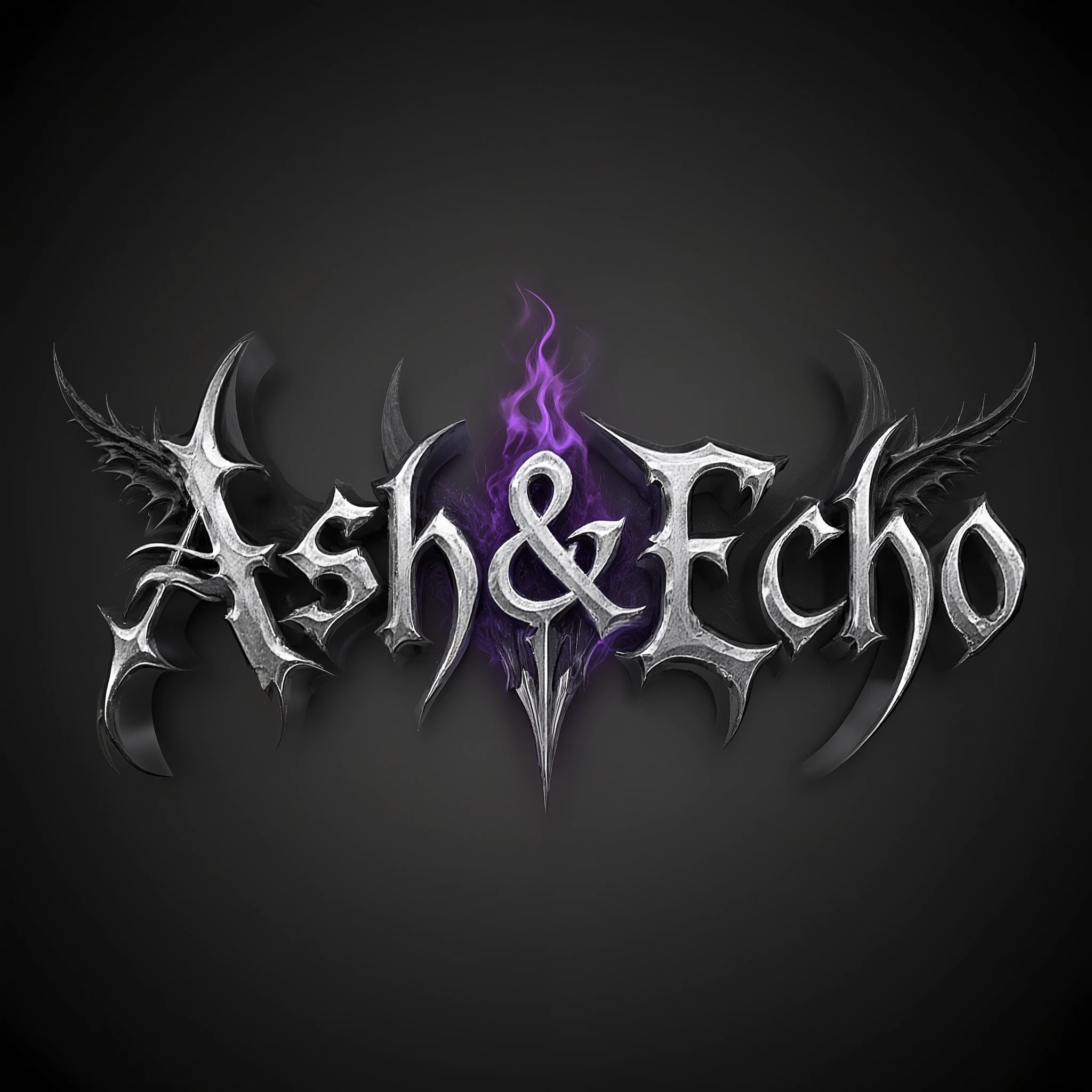 A sophisticated and dark logo for the band name "Ash & Echo". The style is Gothic/Dark Fantasy Metal, emphasizing elegance and mystery. The letters should be elongated, slender, and gracefully sharp, crafted from burnished silver or dark, swirling obsidian. The "A" in "Ash" and the "E" in "Echo" could have subtle, sharp, wing-like or thorn-like flourishes. Between "Ash" and "Echo," integrate a symbolic element such as a stylized, fading ember or a faint, ethereal soundwave, bridging the two words. The overall feel is hauntingly beautiful and intricate, with a dominant color palette of deep grays, muted purples, and midnight blacks, with hints of dull silver