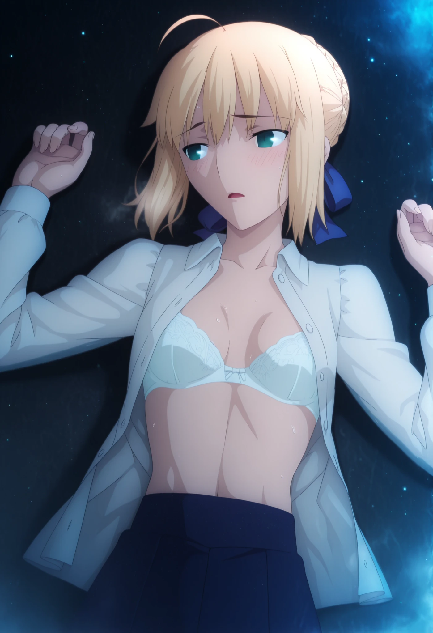masterpiece, best quality, amazing quality, highres, absurdres, very aesthetic, high resolution, ultra detailed, perfect details, day , 8k, ((colorful light particles, dark blue time, )),outdoors, (beautiful light),,(on water), soft natural light ,(Steam, mist ,:1.5),from above,
1girl, solo, ufotable style, anime style, (anime coloring), (anime screencap), (),(on back),(upper body), sweaty body,
artoria pendragon (fate), saber (fate),(slim arnms),blonde hair, green eyes,(half closed-eyes), ahoge, stupid hair ,hair ribbon, blue ribbon, french braid, braided bun, single hair bun, short hair, sidelocks, looking back,(glistening),(), (glistening hair), ),(small breasts), , navel, slim legs, , hands up, from above,((nervous)),
white shirt, front open shirt, white lace bra slip, long sleeve, blue skirt, long skirt, open mouth ,,embarrassed, ,(heavy breathing), ,,
