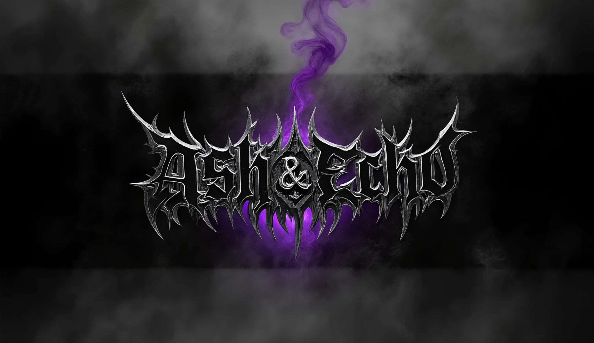 dark atmospheric metal banner art, centered spiky black metal logo text "Ash & Echo" with sharp gothic edges, metallic texture, silver-black outlines, subtle purple glowing aura beneath the letters, thin purple smoke rising from the center symbol, wide 16:9 composition, heavy grunge background, dark grey fog, smoky gradients on the edges, dramatic shadows, occult ambience, high resolution, detailed but not cluttered, clean empty space on left and right for banner safety areas