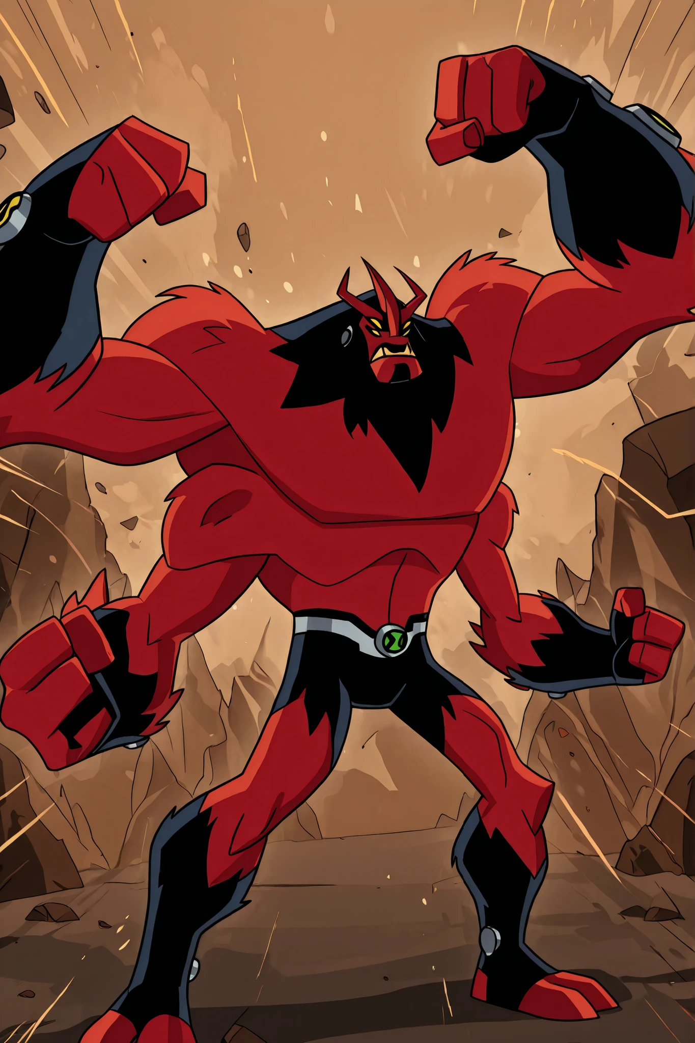 A perfect fusion alien of Ben 10's Four Arms and Shocksquatch, featuring red skin and four eyes (like Four Arms) but with the body shape and fur texture of Shocksquatch. The alien should possess the powerful, muscular physique of Four Arms with four total arms. He is shown in a dynamic, powerful action pose, ready to use both electric and brute force. Ben 10 Omniverse art style, 2D cartoon style, high quality, 8K ultra HD, front view 