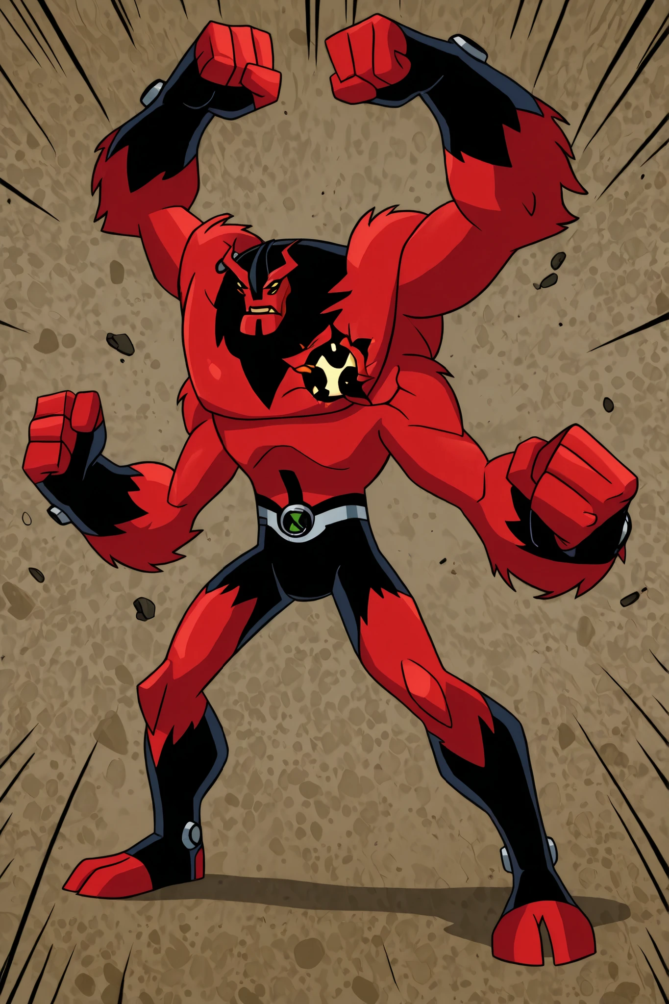 A perfect fusion alien of Ben 10's Four Arms and Shocksquatch, featuring red skin and four eyes (like Four Arms) but with the body shape and fur texture of Shocksquatch. The alien should possess the powerful, muscular physique of Four Arms with four total arms. He is shown in a dynamic, powerful action pose, ready to use both electric and brute force. Ben 10 Omniverse art style, 2D cartoon style, high quality, 8K ultra HD, front view 