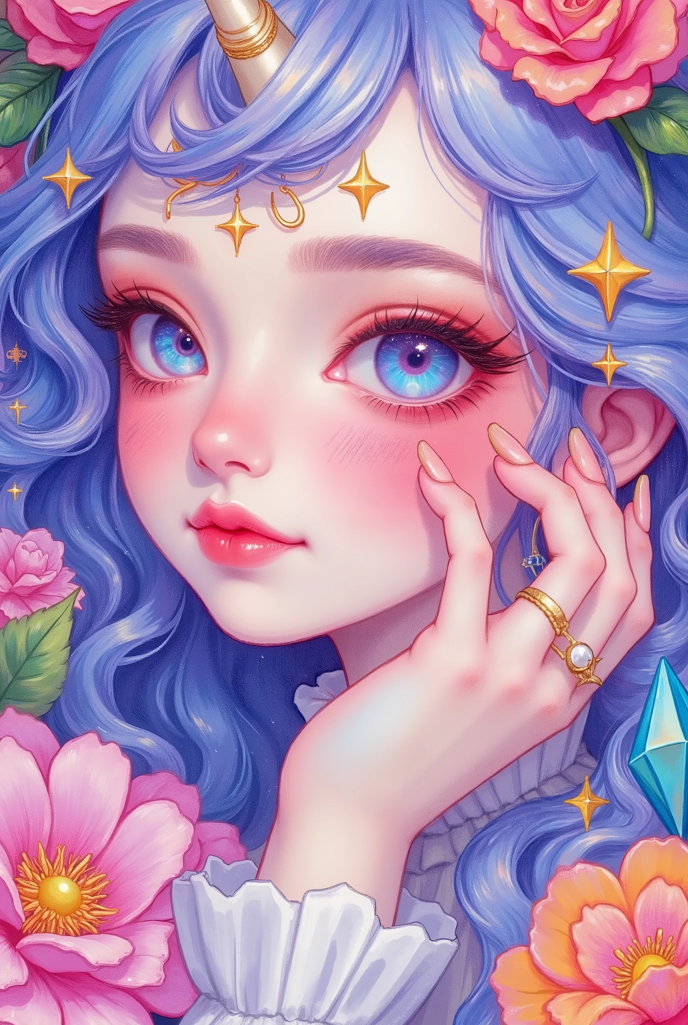 Portrait of a unicorn girl，with golden unicorn tentacles on her forehead，Eye close-up，crystal nail art
- **character traits**：Wavy long wavy hair，Gradient Eyes - Glass Texture - Starry Sky，Dark Eye Shadow，natural blush，plump lips，Raised mouth，gold cross pearl earrings，sweet smile，round face，looks ethereal and elegant`
- **Embellish**：`pink/Orange Rose（blooming in various shapes），white pleated collar（Blue Purple Gradient），
The black lines outline the outline，Decorative picture with flowers and starlight