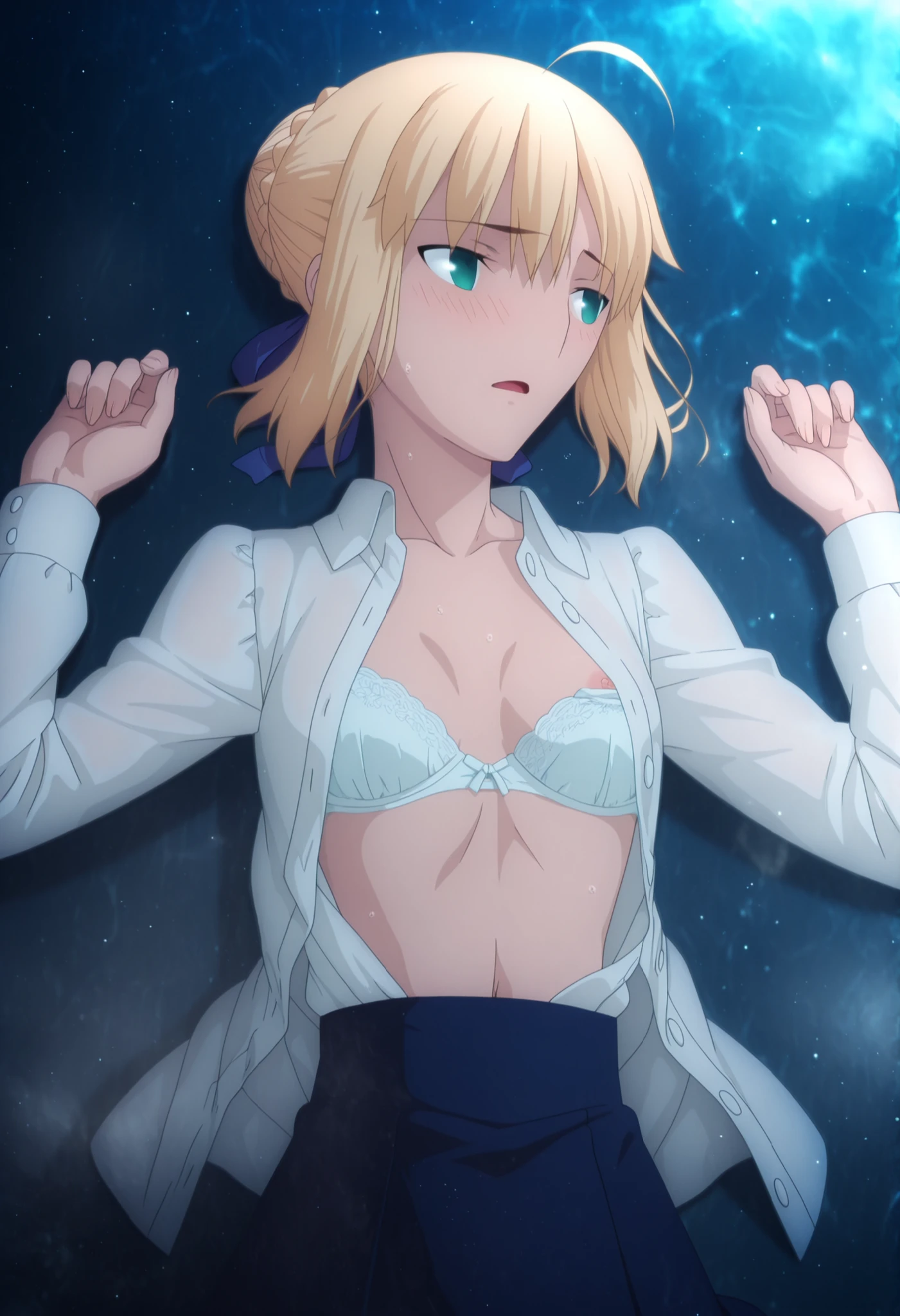 masterpiece, best quality, amazing quality, highres, absurdres, very aesthetic, high resolution, ultra detailed, perfect details, day , 8k, ((colorful light particles, dark blue time, )),outdoors, (beautiful light),,(on water), soft natural light ,(Steam, mist ,:1.5),from above,
1girl, solo, ufotable style, anime style, (anime coloring), (anime screencap), (),(on back),(upper body), sweaty body,
artoria pendragon (fate), saber (fate),(slim arnms),blonde hair, green eyes,(half closed-eyes), ahoge, stupid hair ,hair ribbon, blue ribbon, french braid, braided bun, single hair bun, short hair, sidelocks, looking back,(glistening),(), (glistening hair), ),(small breasts), , navel, slim legs, , hands up, from above,((nervous)),
white shirt, front open shirt, white lace bra pull, nipple slip, long sleeve, blue skirt, long skirt, open mouth ,,embarrassed, ,(heavy breathing), ,,