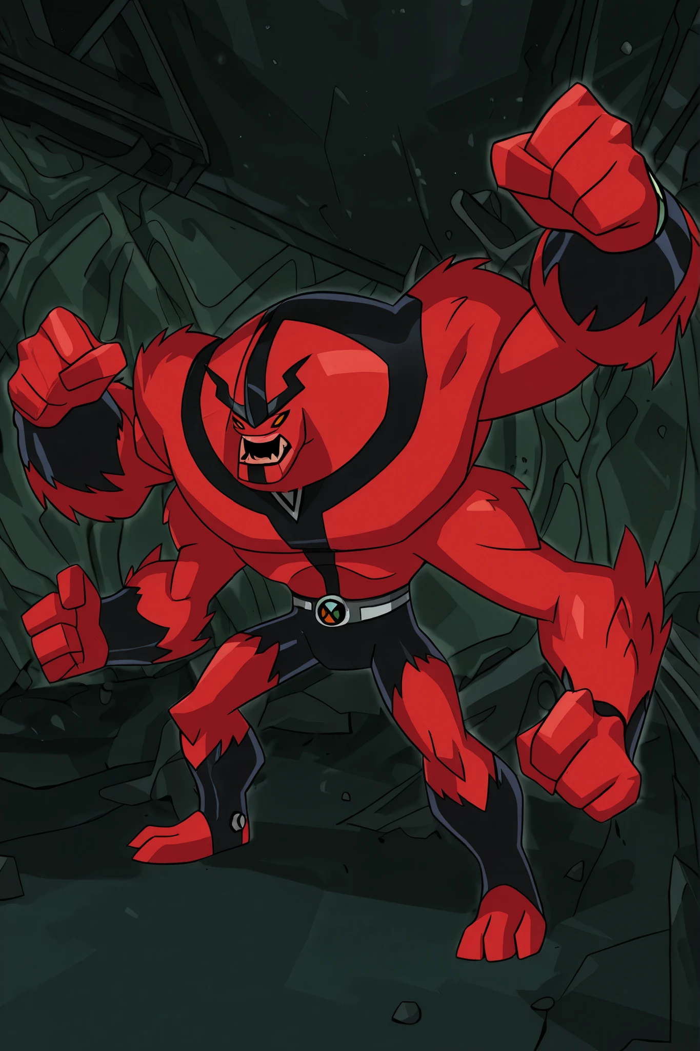 A perfect fusion alien of Ben 10's Four Arms and Shocksquatch, featuring red skin and four eyes (like Four Arms) but with the body shape and fur texture of Shocksquatch. The alien should possess the powerful, muscular physique of Four Arms with four total arms. He is shown in a roaring,  powerful action pose, ready to use both electric and brute force. Ben 10 Omniverse art style, 2D cartoon style, high quality, 8K ultra HD, front view 