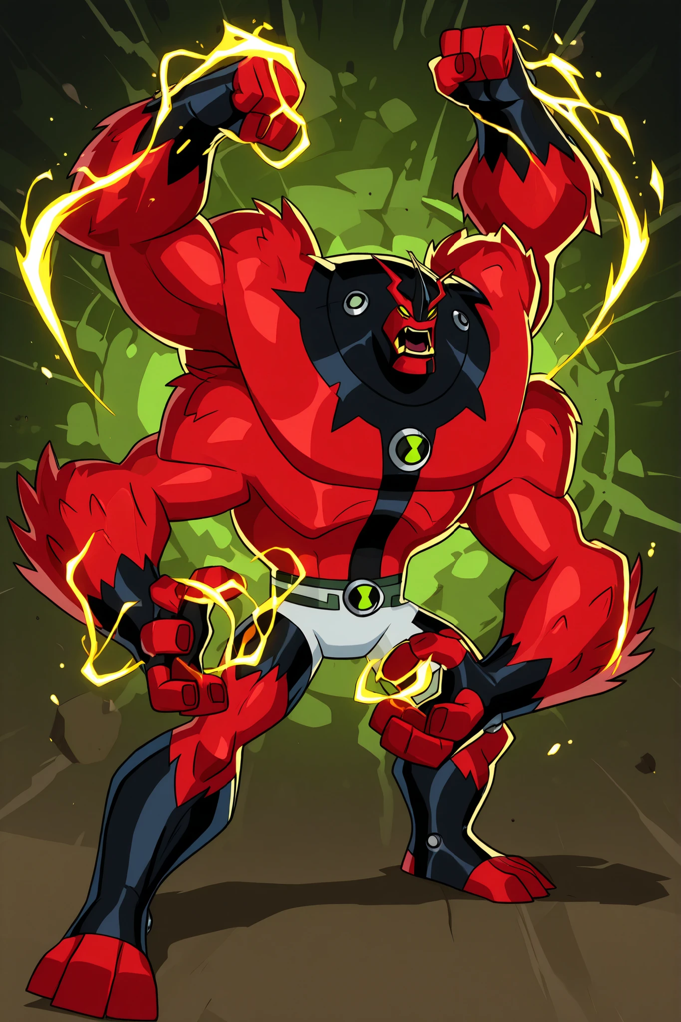 A perfect fusion alien of Ben 10's Four Arms and Shocksquatch, featuring red skin and four eyes (like Four Arms) but with the body shape and fur texture of Shocksquatch. The alien should possess the powerful, muscular physique of Four Arms with four total arms. He is shown in a roaring, powerful action pose, ready to use both electrical energy and brute force. Ben 10 Omniverse art style, 2D cartoon style, high quality, 8K ultra HD, front view
