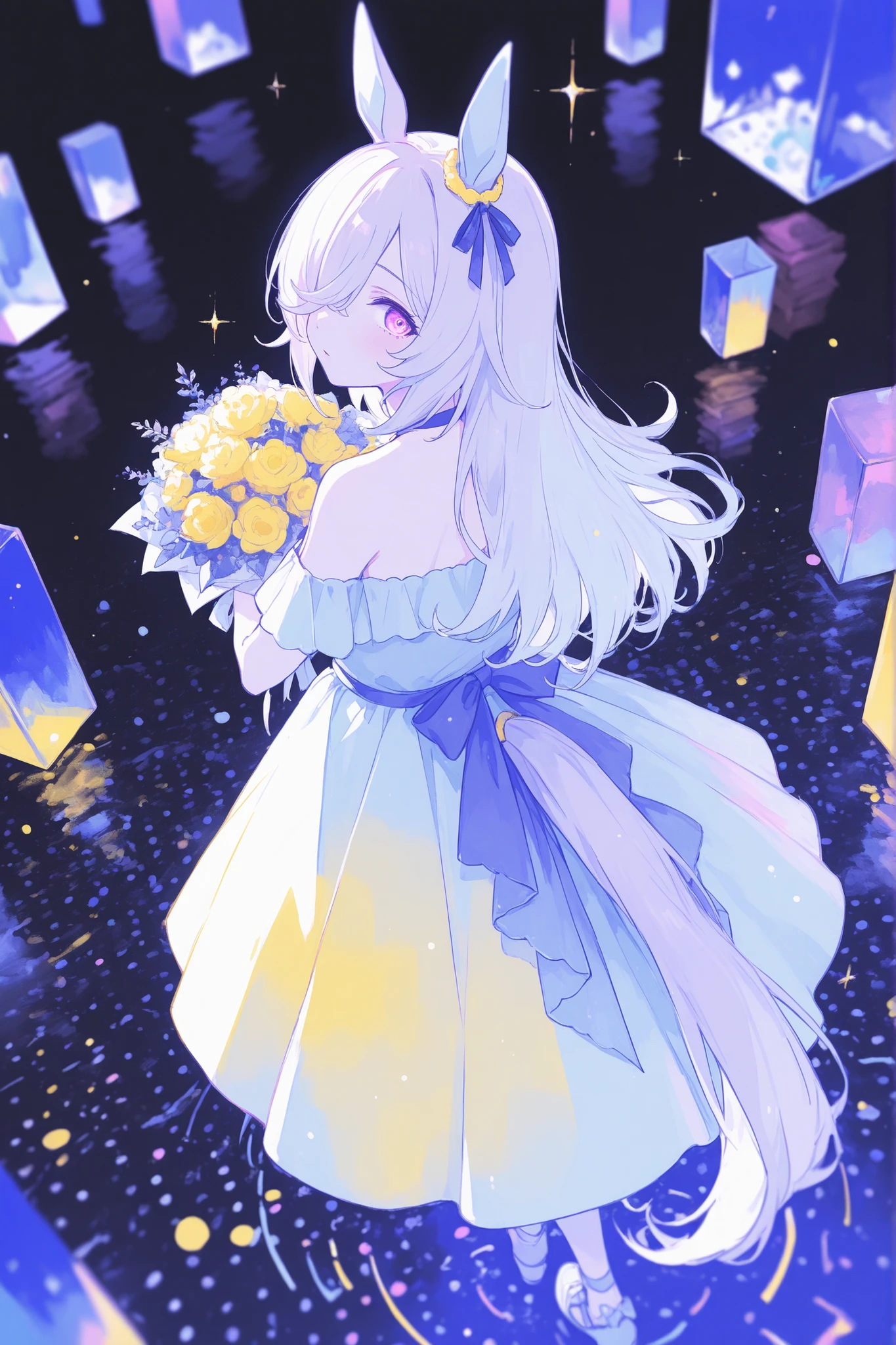 rice shower (umamusume), purple eyes,((official costume AND hair style)),long hair,1girl,solo,horse girl,horse ear,horse tail, ((hair over one eye)),off-shoulder dress,limited palette,black background,from Behind,colorful,vibrant, glowing outline,neon,looking Viewer,stylish pose, standing, diffraction spikes, profanity,Pastel pale colors, (Yellow Color Palette.:1.2, Blue:1.2, Pink:1.2),full body,from above,Dutch angle,Surrounded by Flowers, holding bouquet,Polka dots background,masterpiece,Highest Quality,blurry, color difference, (watercolor), xxx667 _illustration, SuperDetailers_NAI, AissistXLv2, nsfwEMPXL,