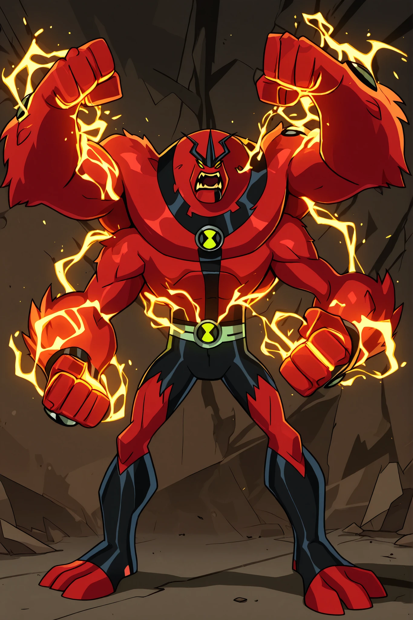 A perfect fusion alien of Ben 10's Four Arms and Shocksquatch, featuring red skin and four eyes (like Four Arms) but with the body shape and fur texture of Shocksquatch. The alien should possess the powerful, muscular physique of Four Arms with four total arms. He is shown in a roaring,  powerful action pose, ready to use both electrical energy and brute force. Ben 10 Omniverse art style, 2.5D cartoon style, high quality, 8K ultra HD, front view, half body, close up shot 