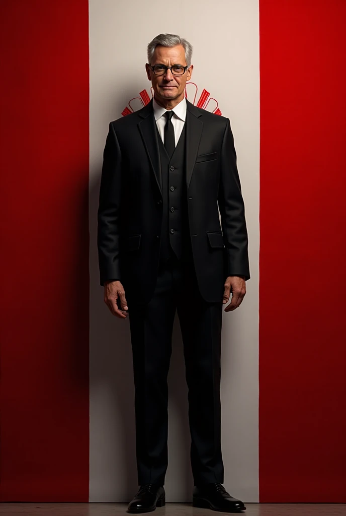 You have a gentleman in black and the background with the Peruvian flag 