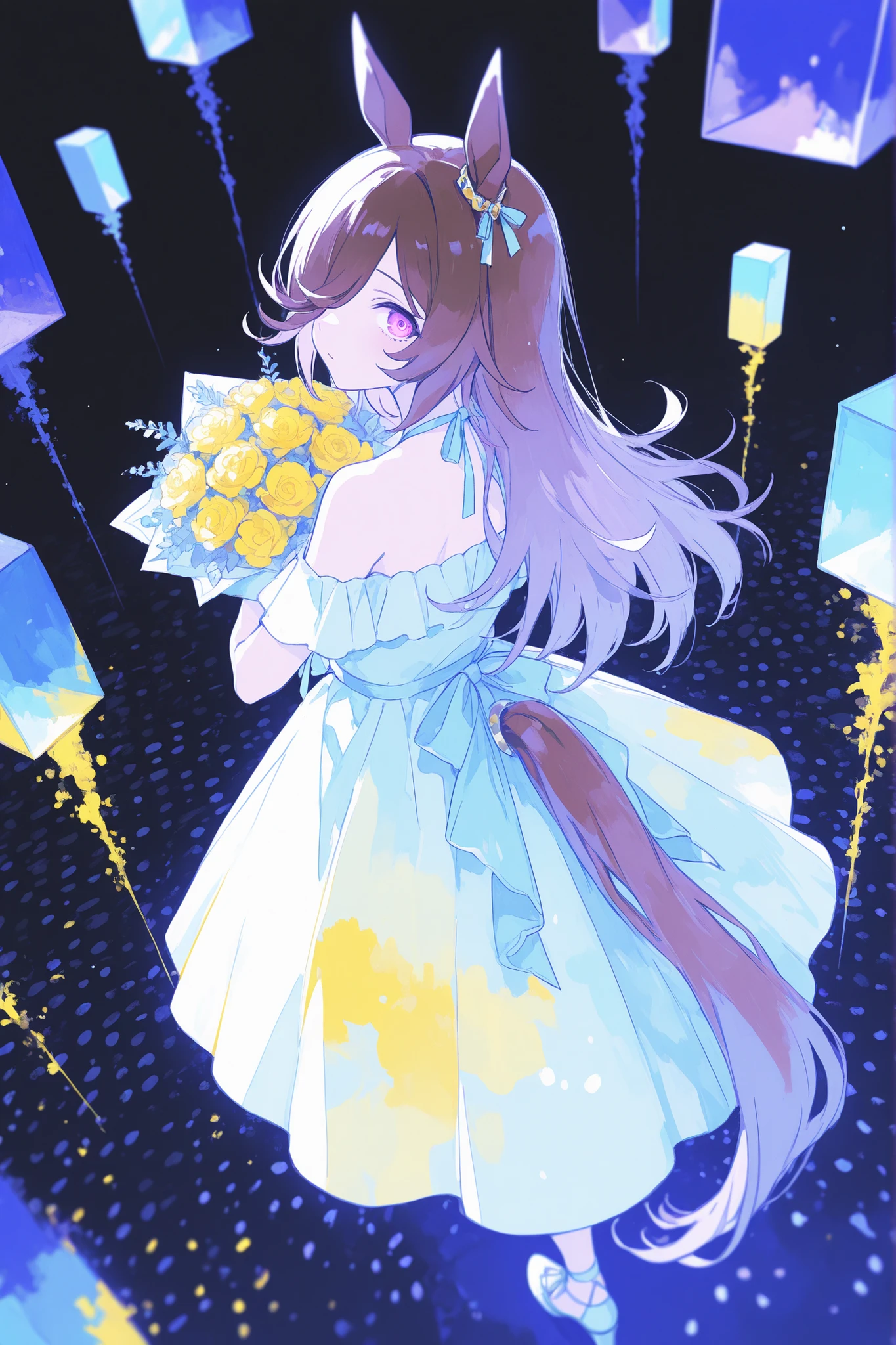 rice shower (umamusume), purple eyes,((official costume AND hair style)),long hair,dark brown hair,1girl,solo,horse girl,horse ear,horse tail, ((hair over one eye)),off-shoulder dress,limited palette,black background,from Behind,colorful,vibrant, glowing outline,neon,looking Viewer,stylish pose, standing, diffraction spikes, profanity,Pastel pale colors, (Yellow Color Palette.:1.2, Blue:1.2, Pink:1.2),full body,from above,Dutch angle,Surrounded by Flowers, holding bouquet,Polka dots background,masterpiece,Highest Quality,blurry, color difference, (watercolor), xxx667 _illustration, SuperDetailers_NAI, AissistXLv2, nsfwEMPXL,