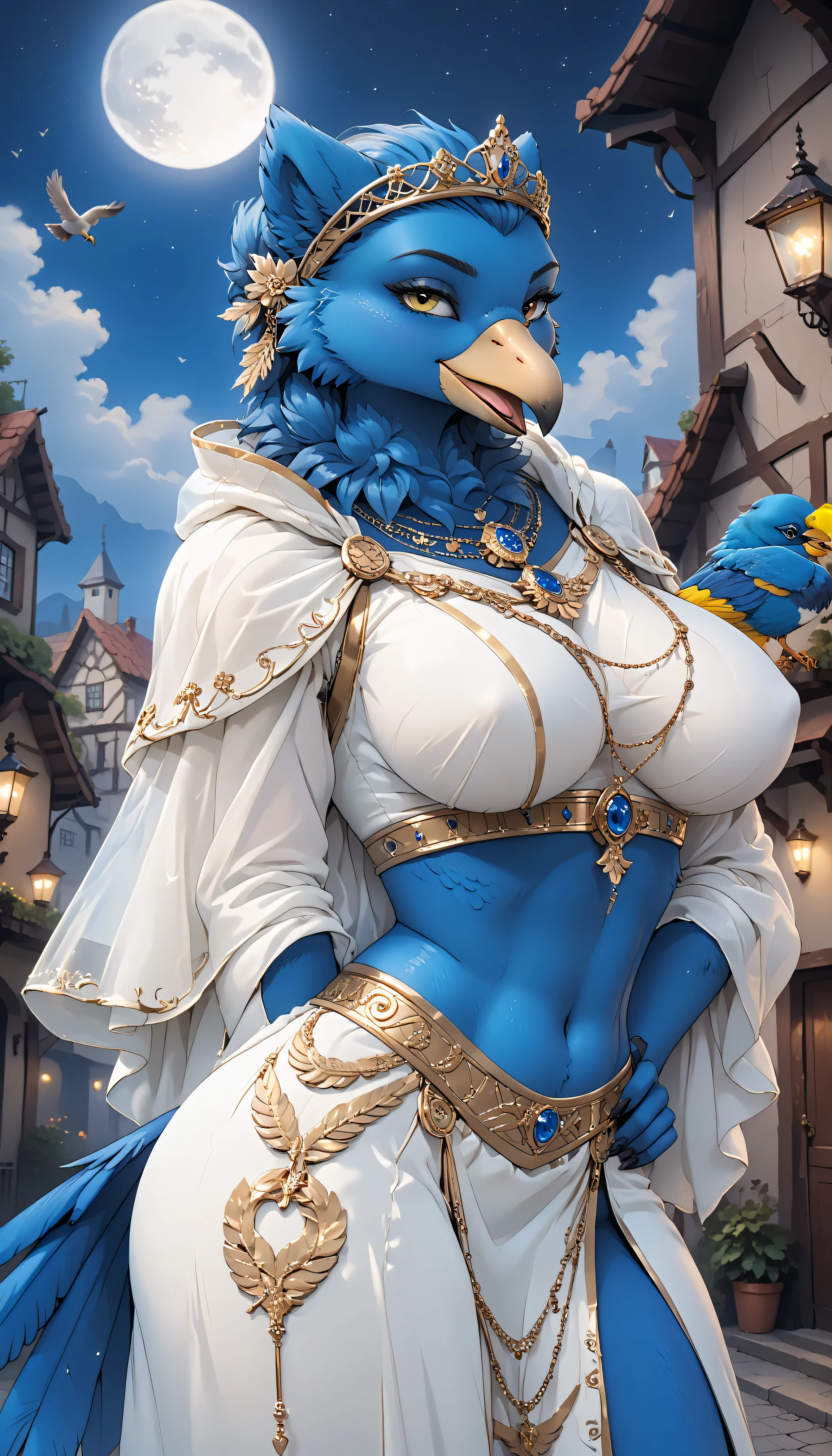 solo, anthro bird, ExaltedLordofChange, \(vader-san\), best quality, masterpiece, uploaded on e621, explicit content, (evangellos,teranen,hecatiko), looking at viewer, night sky, post-apocalypse, crumbling medieval city on background, late night, moon, dark alleyway, darker lighning, darker atmosphere, detailed face, female, yellow eyes, furry, white clothes, white robe, midriff, golden headdress tiarat, blue and white body, outline, bird, blue wings, blue beak, bill, blue feather, revealing clothes, pelvic curtain, seductive, sexy, big large breasts, boobwindow, voluptuous, curvy, birdtail, hips, blue body, seductive pose, close-up, portrait, side view, BREAK cowboy_shot, three-quarter view, inviting, charming, dutch angle,