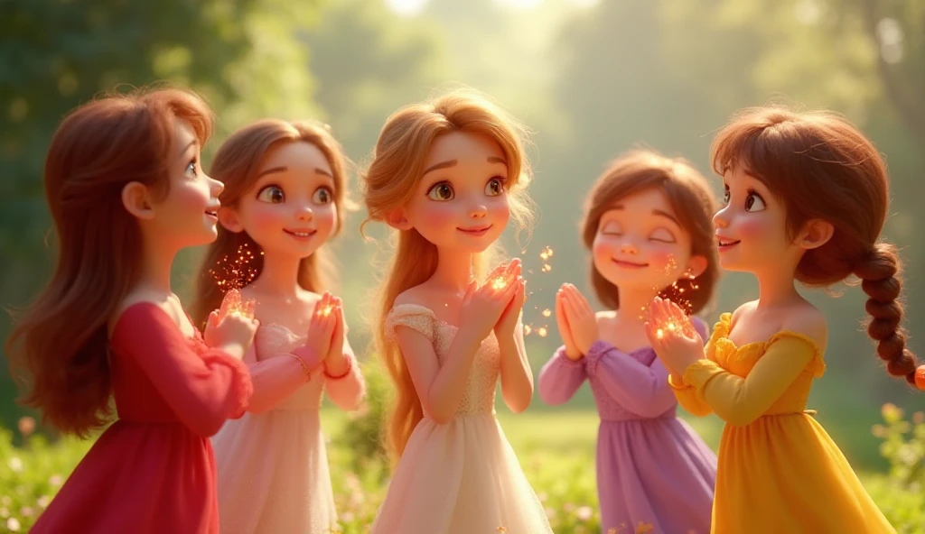 32. Same five fairies from reference with focus on happy clapping hands ...