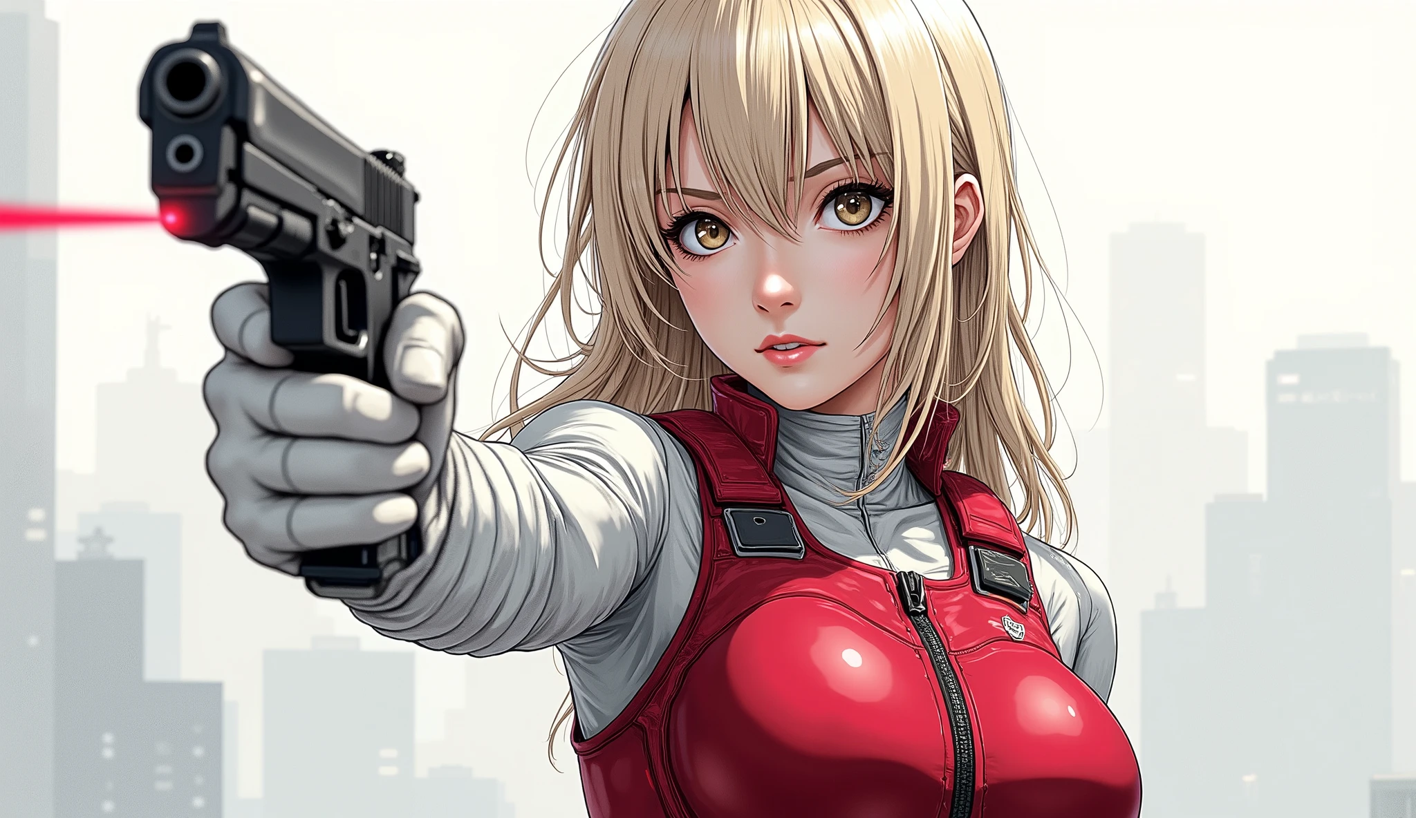 nsfw,nipple,pussy, in high-definition images、(masterpiece、 exceptional quality 、Like a mirror、 cinematic experience 、very detailed、)、8k、wallpaper、(Best Illustrations:2.0)、(one woman:2.0)、(Motoko Kusanagi:2.0)、(a world view like Ghost in the Shell:2.0)、(white tactical bodysuit:2.0)、(heavy red bulletproof vest:2.0)、(white gloves:2.0)、(long hair per person)、(beautiful eyes)、(detailed face)、(detailed drawing of a woman's hand:2.0)、(blonde)、(How she shoots、a handgun facing us):2.0)(The background is Tokyo、where science and technology developed:2.0)、(a handgun with a laser pointer under the muzzle:2.0)、(please point the red laser pointer on the pistol:2.0)