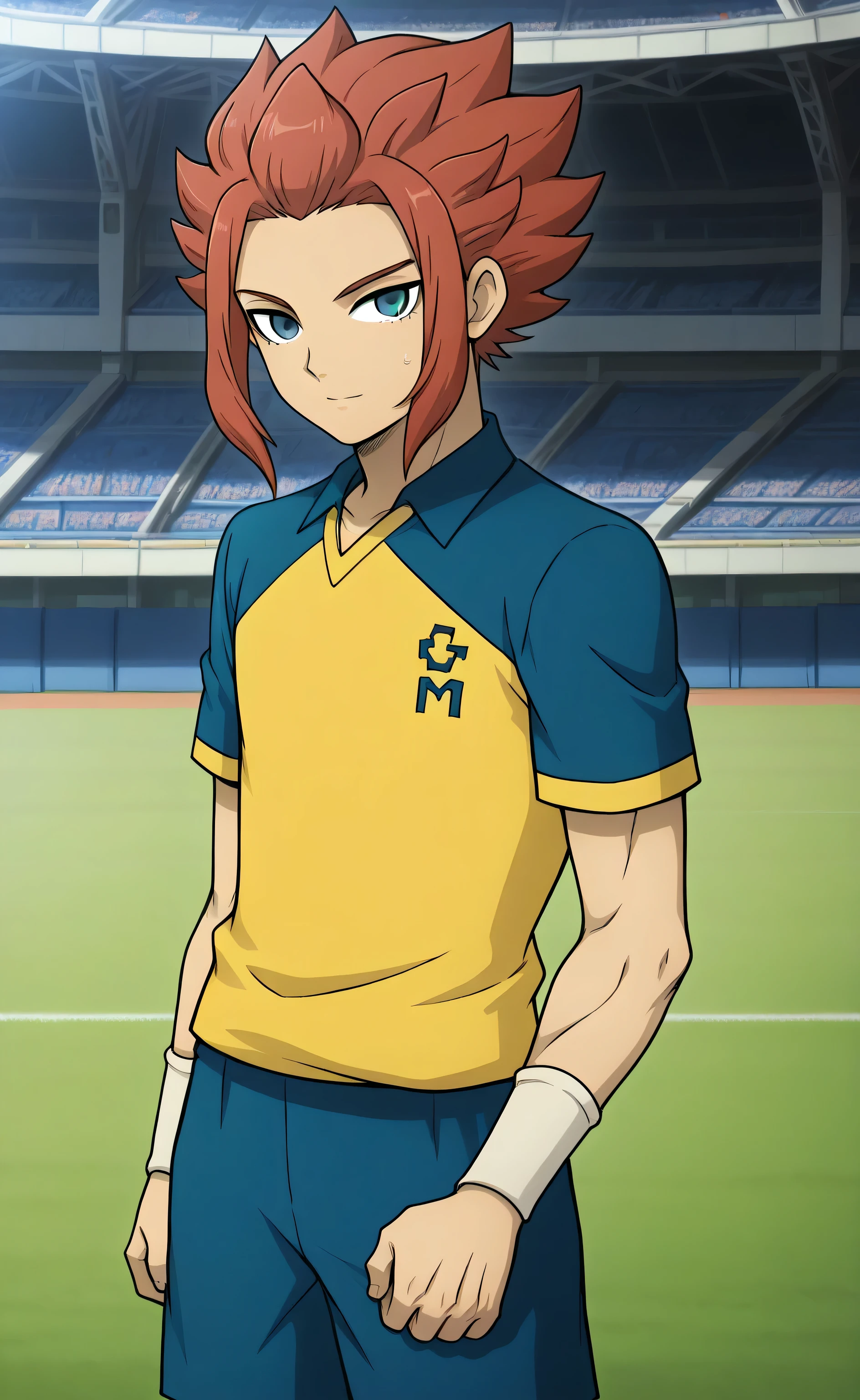 1male, solo, Itoshi Sae, crimson hair, short hair, spike hair, blue eyes, grim, Raimon OG Uniform, big muscle, football stadium, Inazuma Eleven