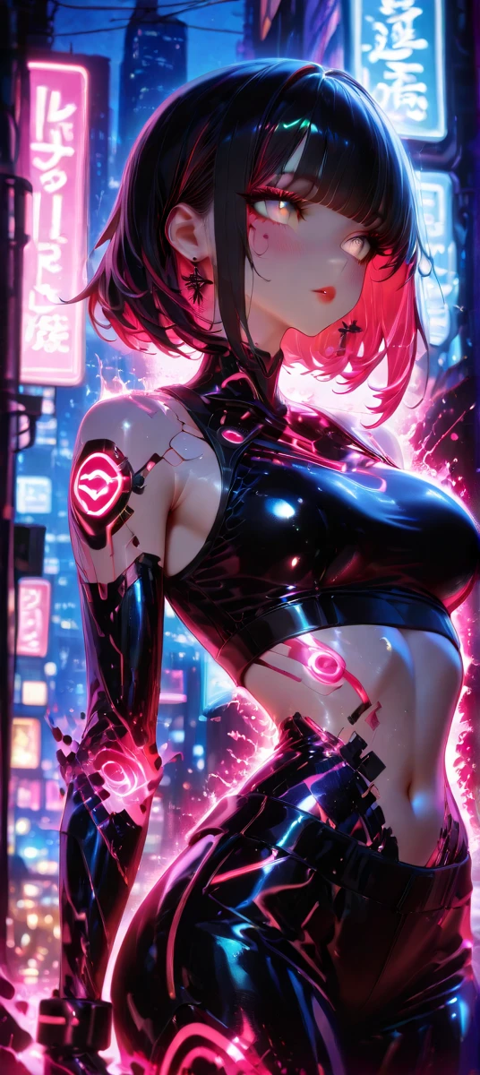top-quality))、((​masterpiece)、kneel down and turn to the side、(1 shiny skin.6 Emphasize cleavage、cyberpunked、Big buttocks、Electronic visor attached to 12-year-old girl's face with emphasis on buttocks、Cyberpunk Fashion、Versatile  poses、(Wearing red body spats on the lower body、Breasts enlarged、Neon lights in dark city at night